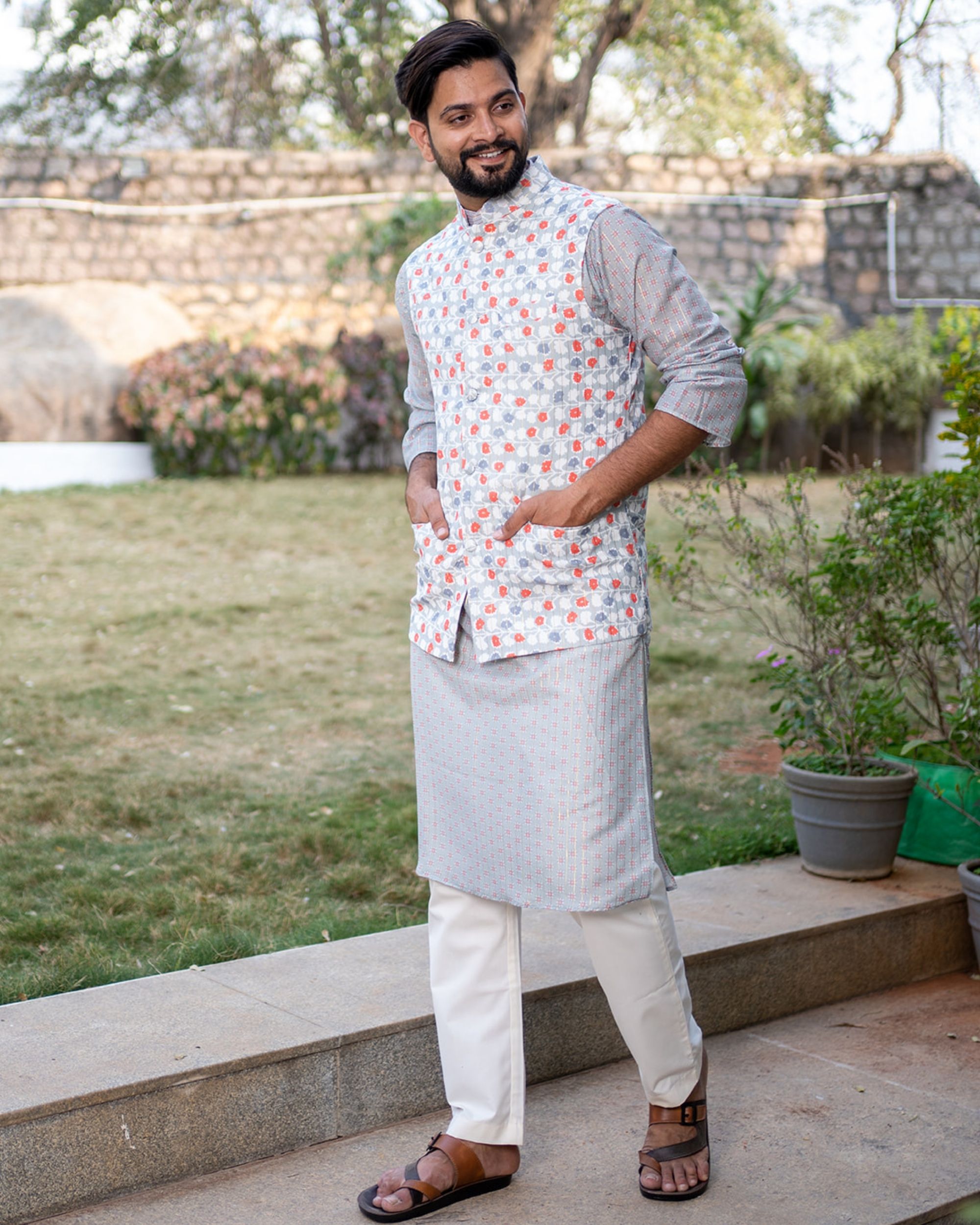 Blue and white floral printed jacket with dull blue chanderi kurta and beige pyjama - set of three
