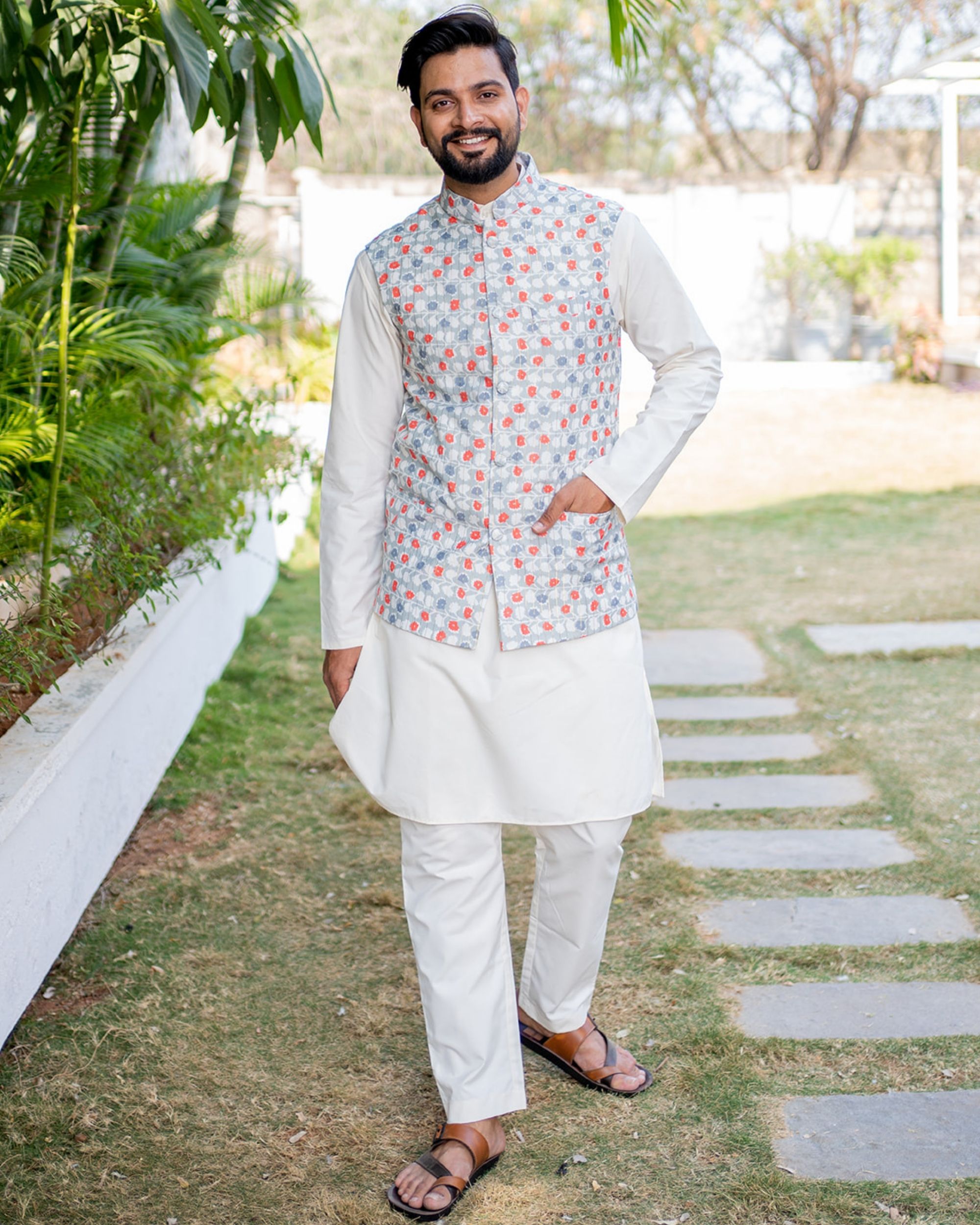 Dull green and white floral printed striped nehru jacket