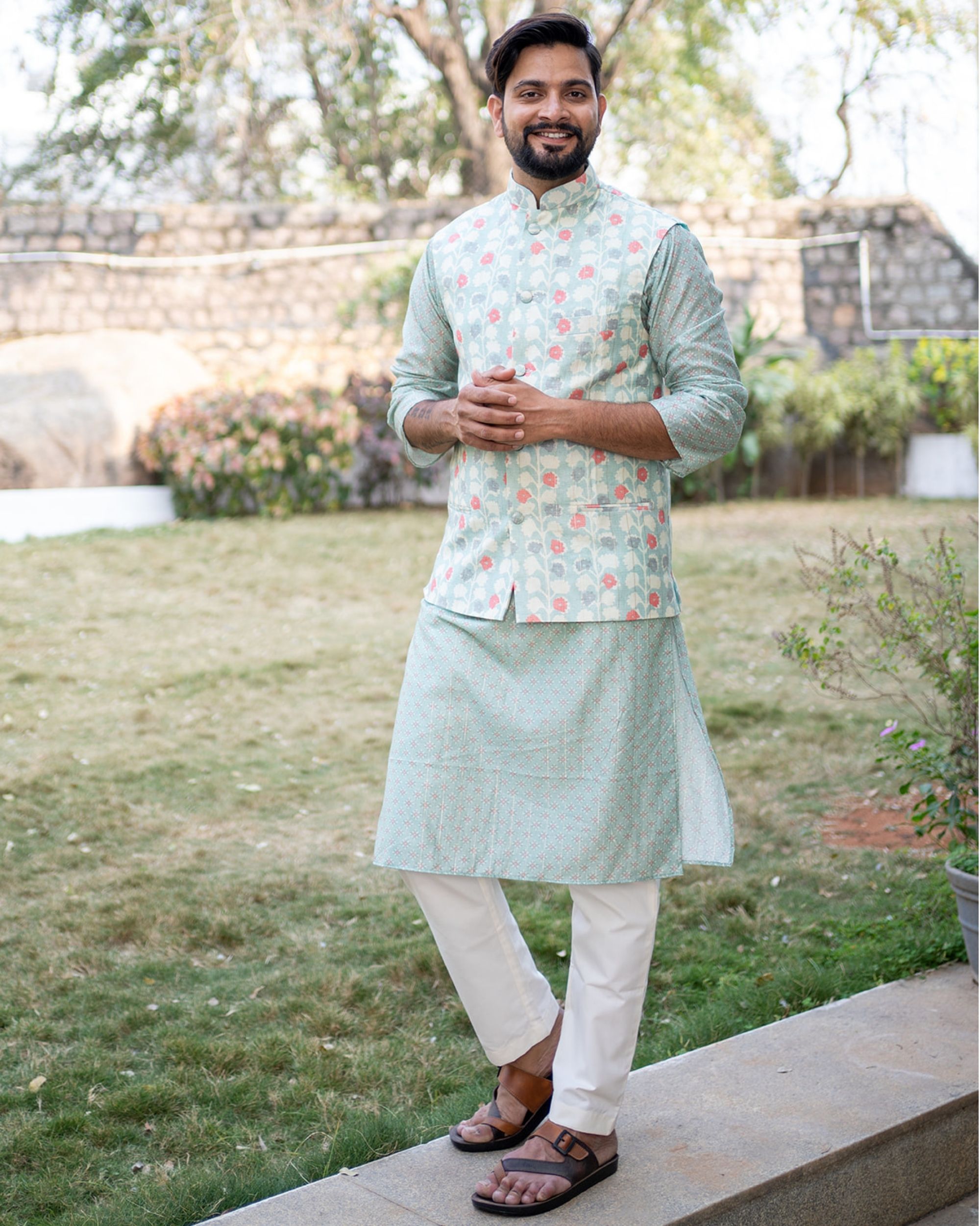 Dull green and white floral printed jacket with blue chanderi kurta and beige pyjama - set of three