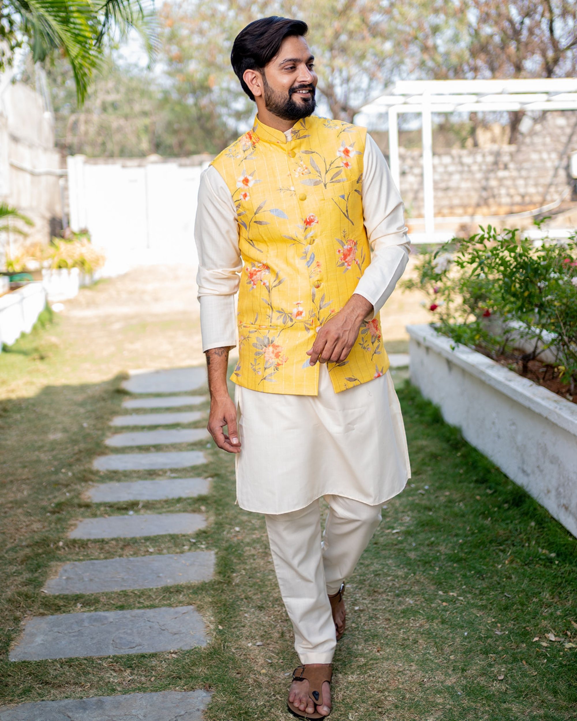Yellow and red floral printed striped jacket with off-white kurta and pyjama - set of three