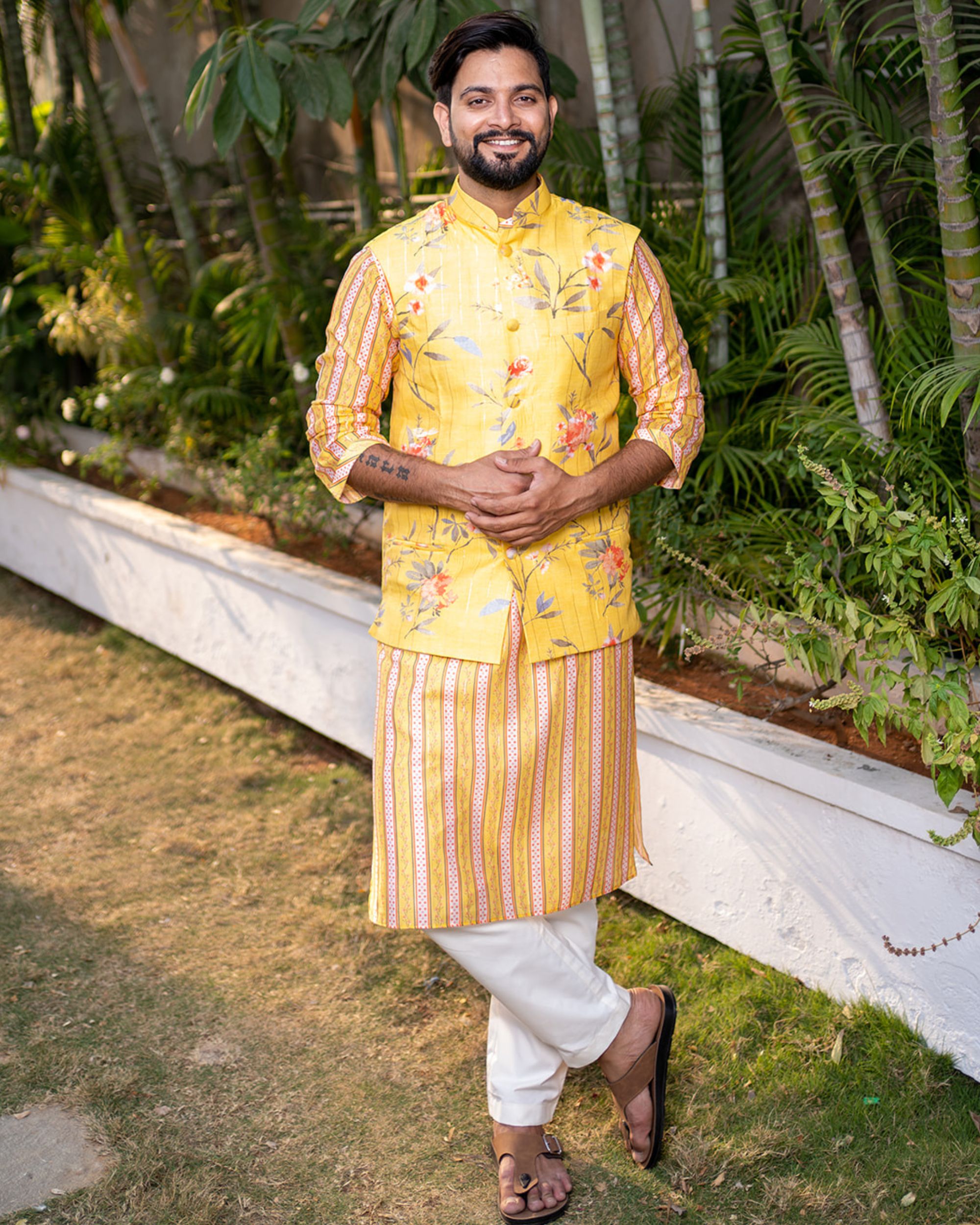 Yellow and red floral printed jacket with yellow striped chanderi kurta and beige pyjama - set of three