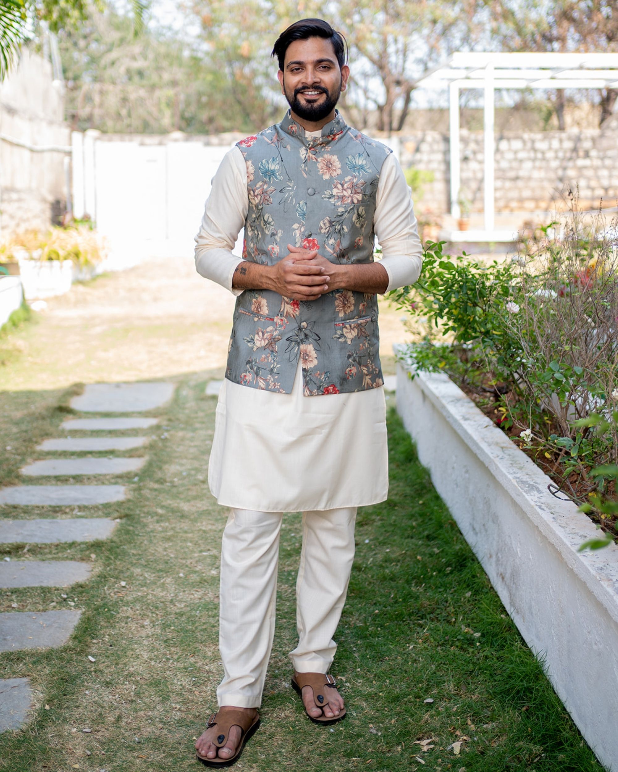 Grey floral printed jacket with off-white kurta and pyjama - set of ...