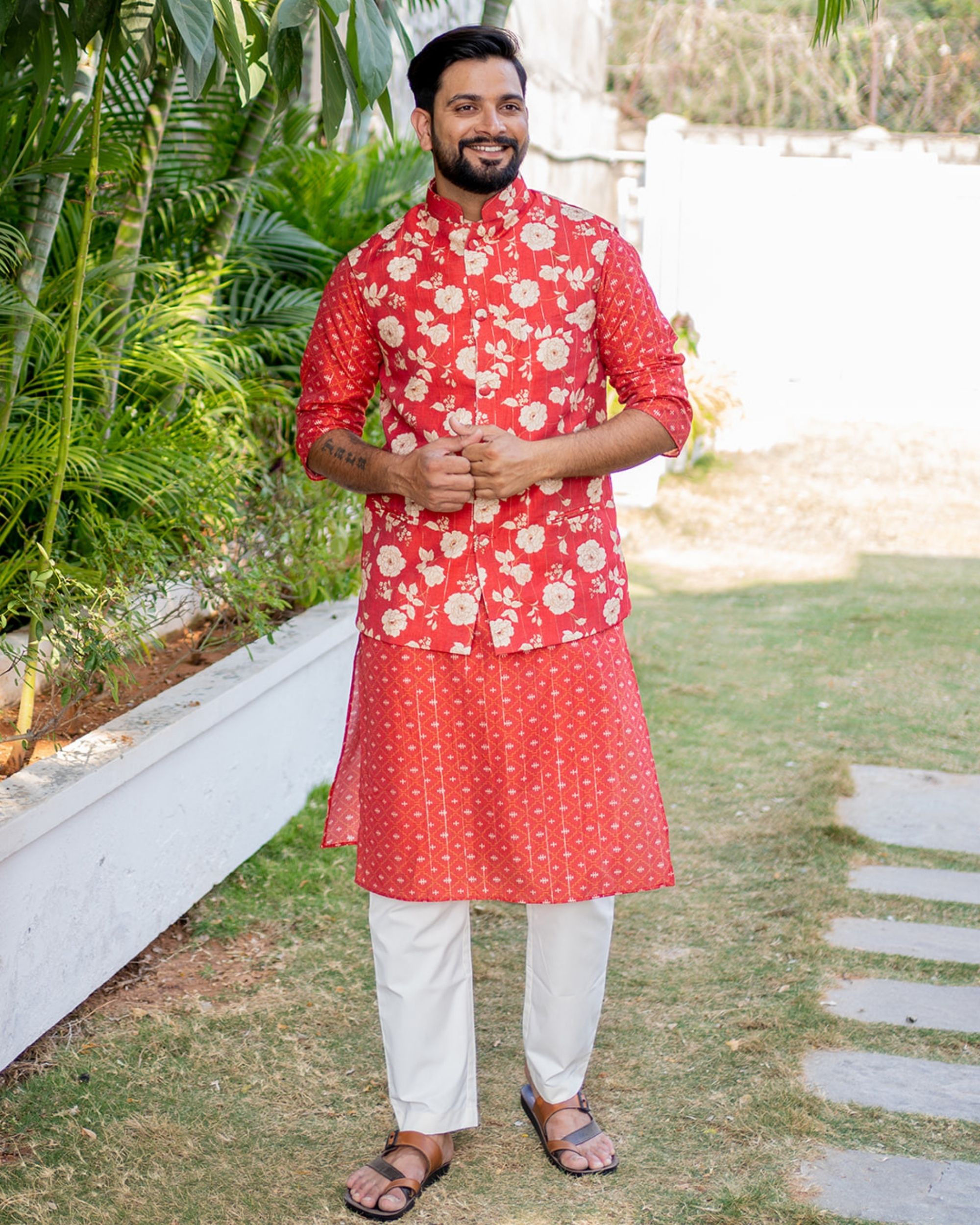 Red and white floral printed jacket with red chanderi kurta - set of two