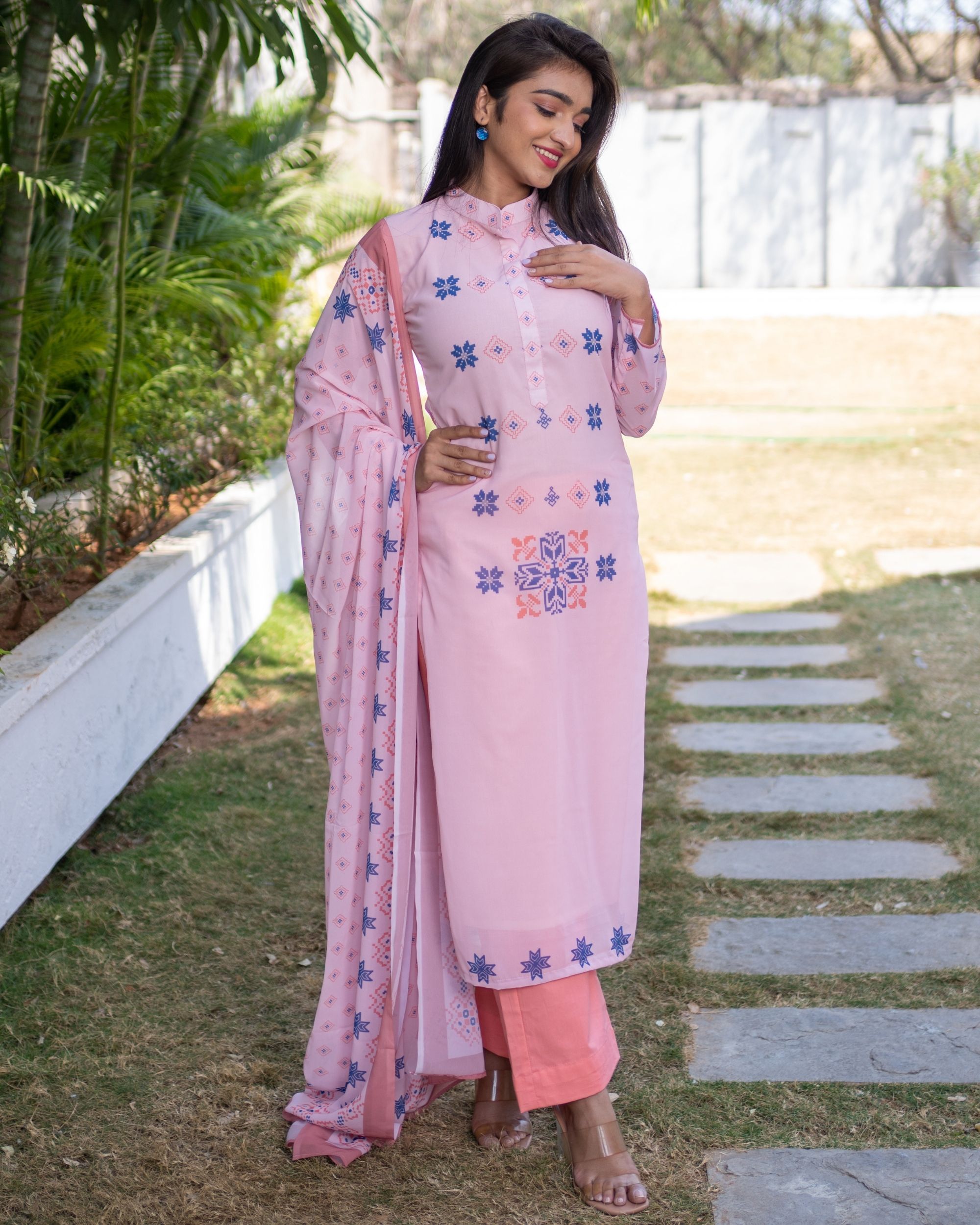 Light pink and blue prints kurta with dupatta - set of two
