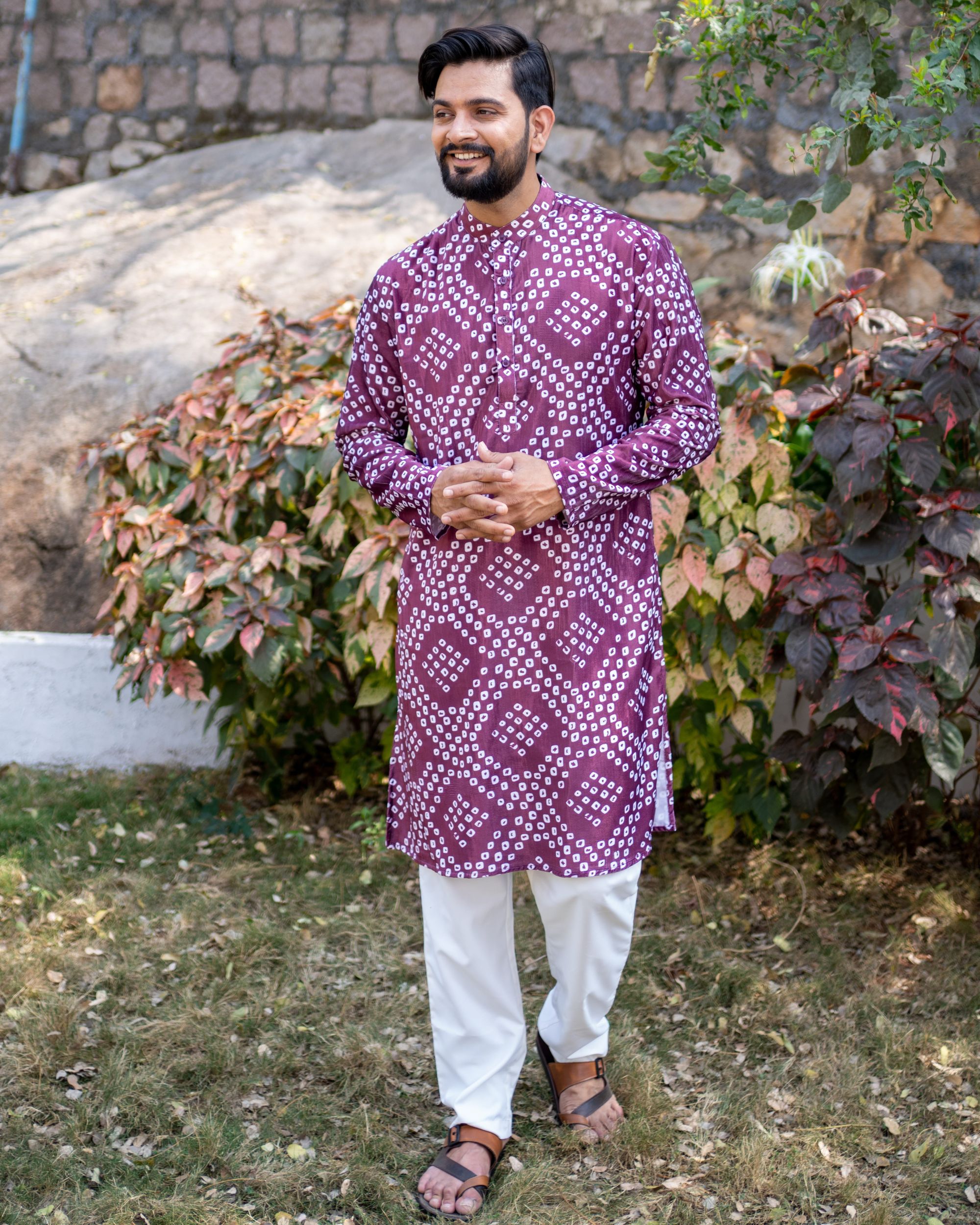 Violet bandhani printed kurta with off white pyjama - set of two
