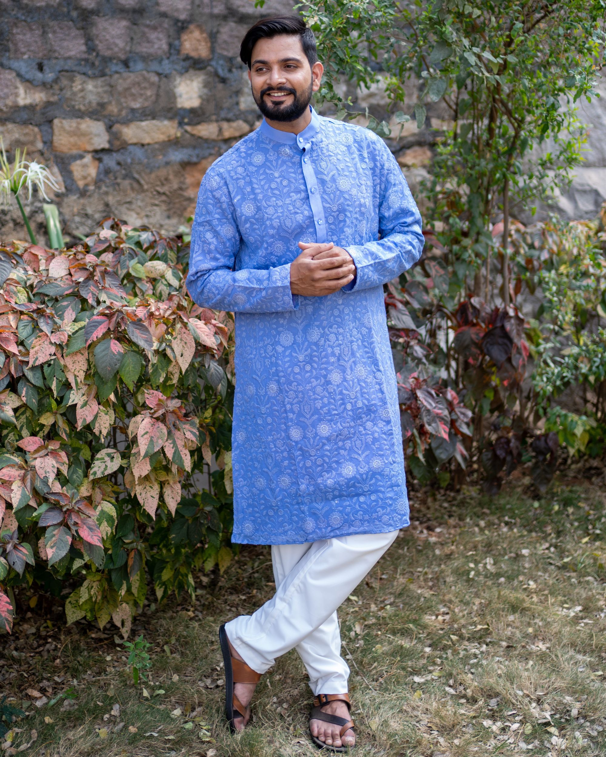 Blue chikankari kurta with off white pyjama - set of two