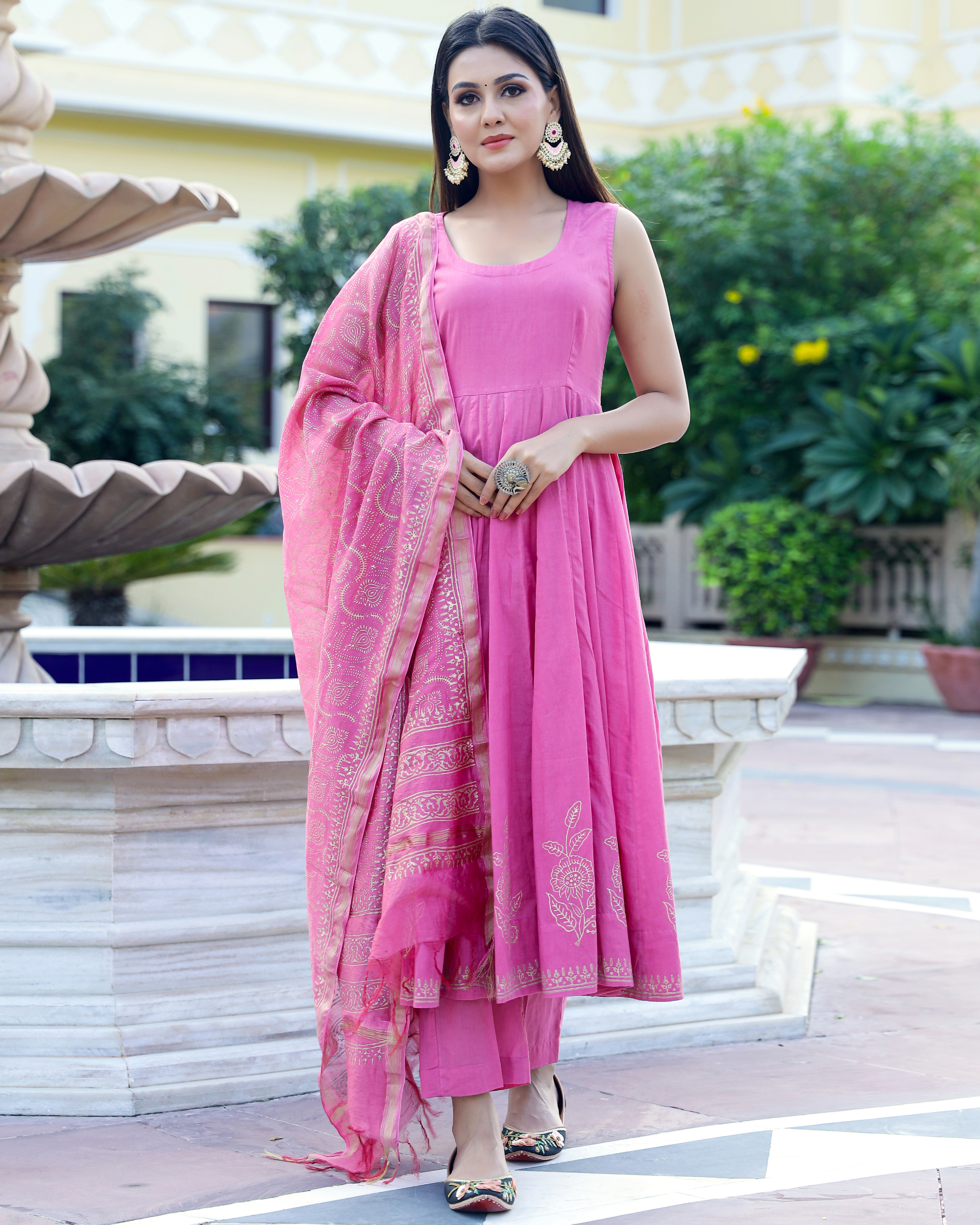 Flared Rani Pink Colour Suit Set - Gillori