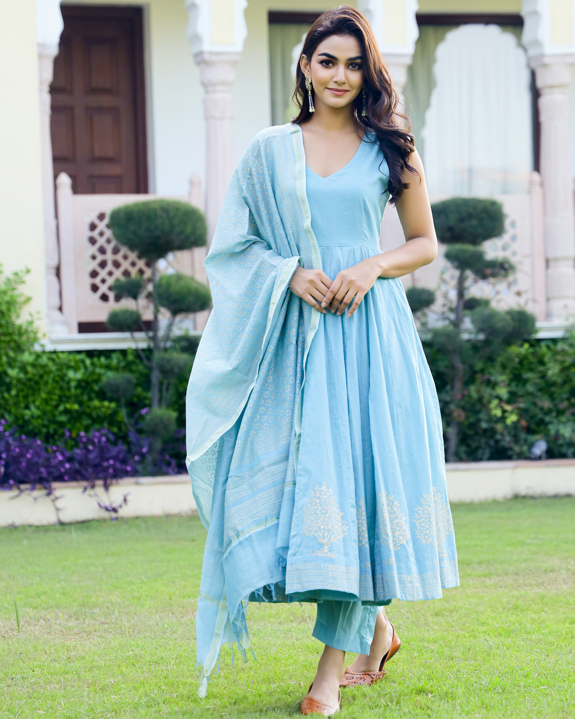 Sky Blue Georgette Hand Embroidered Anarkali Gown Design by Tamaraa By  Tahani at Pernia's Pop Up Shop 2024