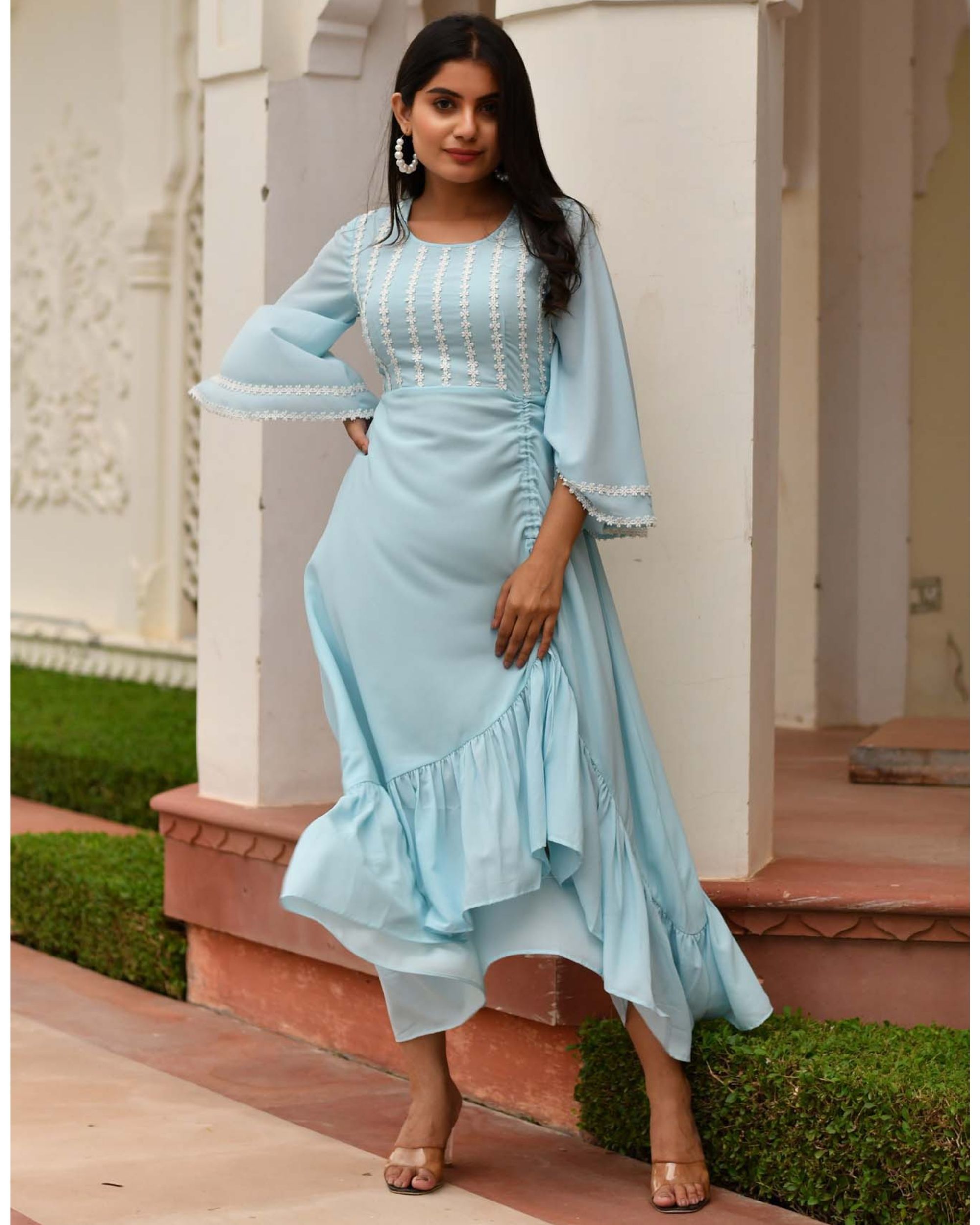 Blue georgette waterfall dress by Aaheli | The Secret Label