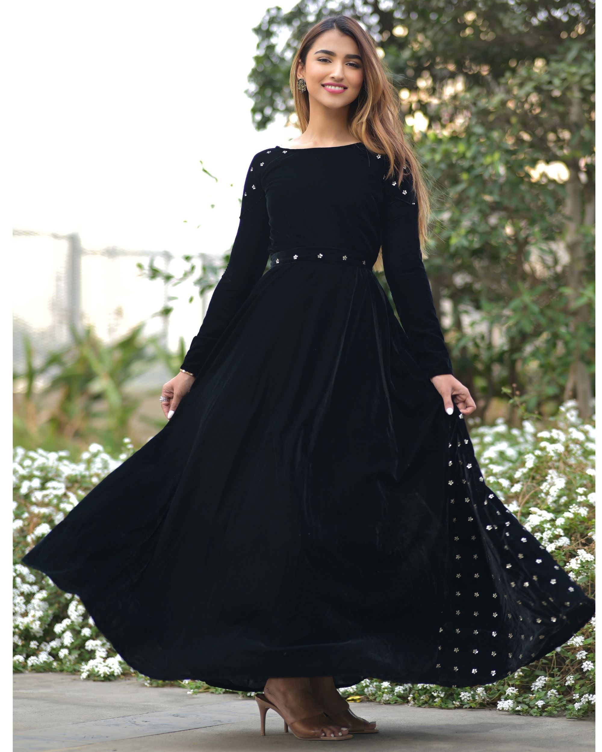 Black velvet embroidered shoulder dress