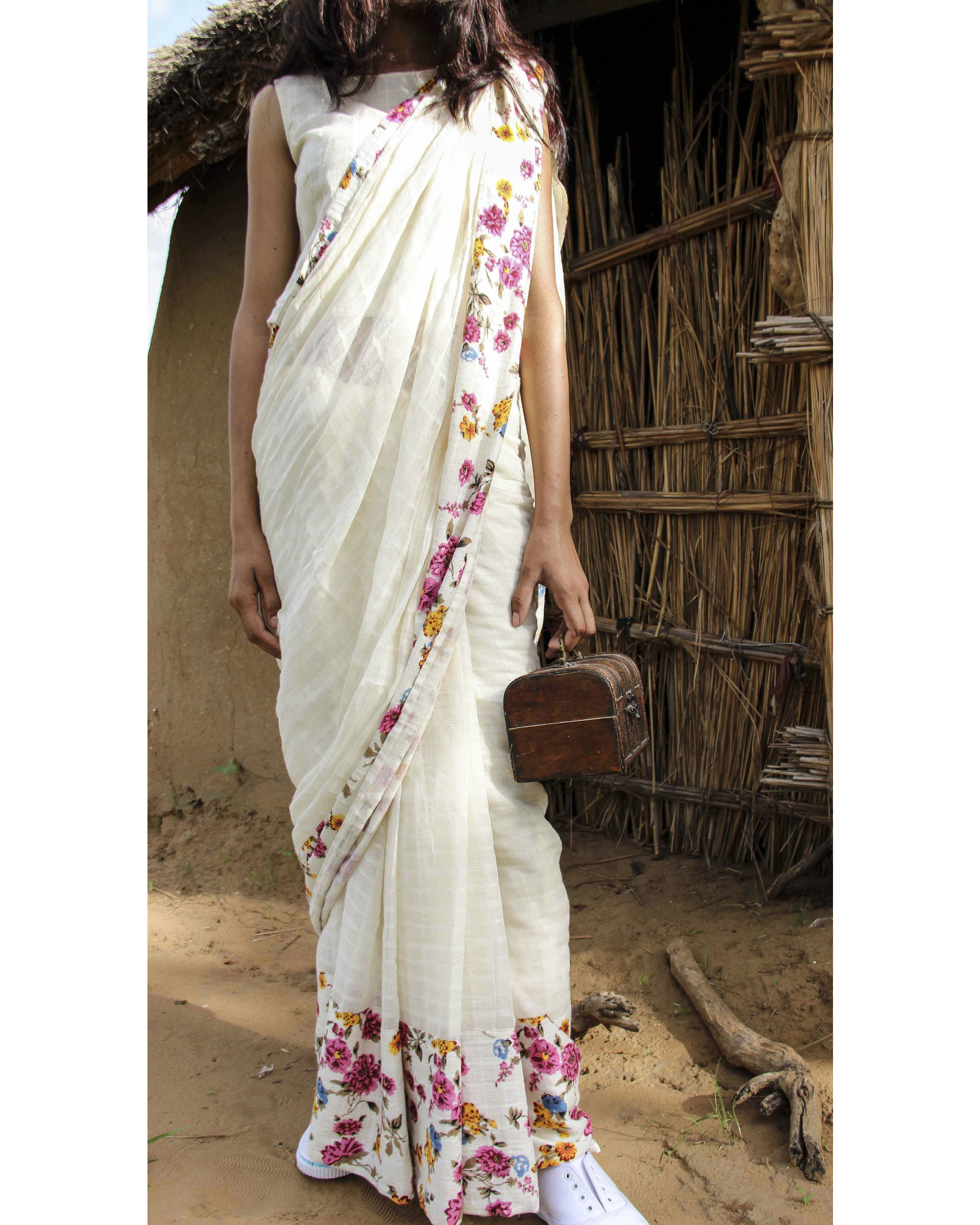 White Saree in Organza Floral Printed with Sequins Jacquard