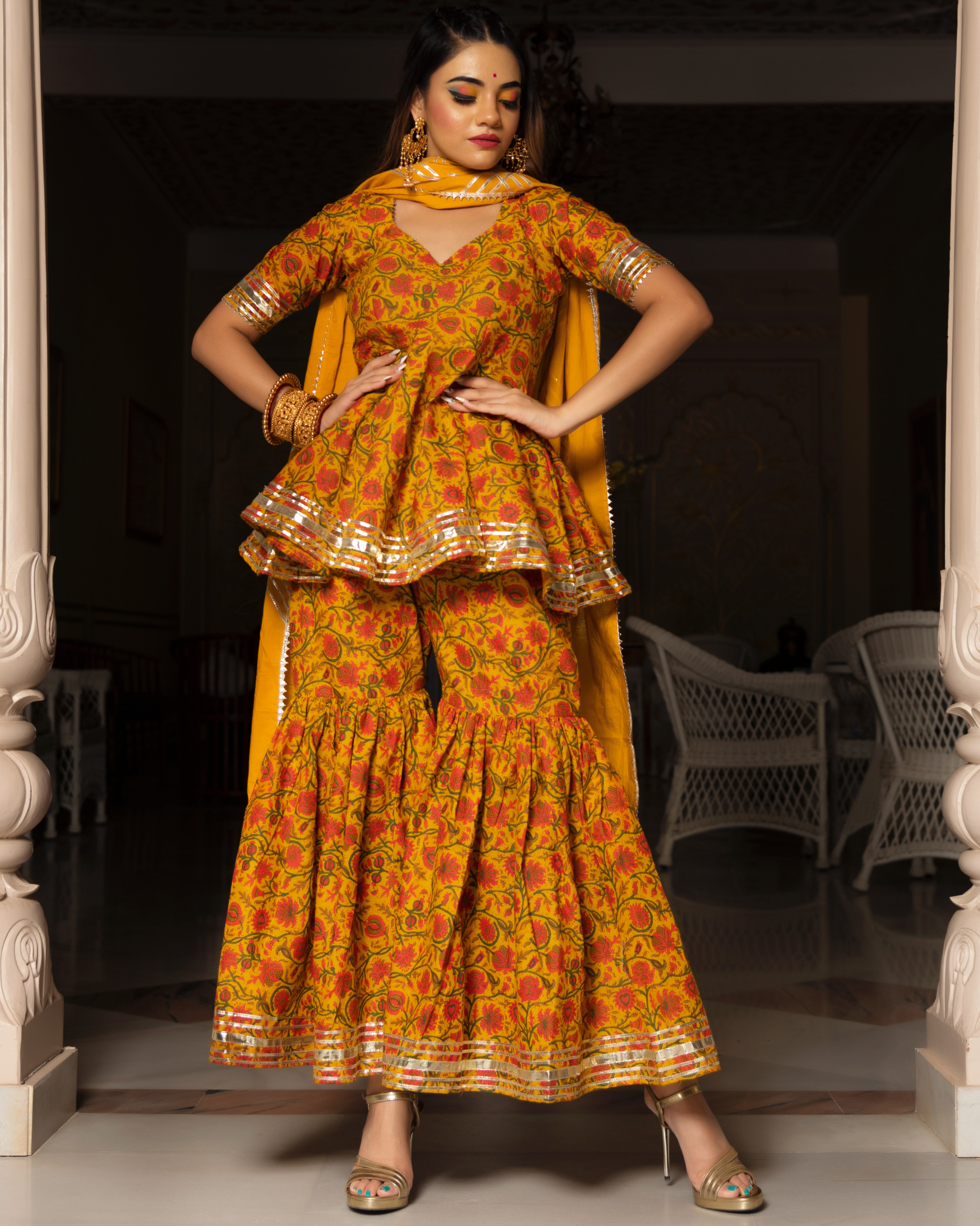 mustard yellow sharara suit