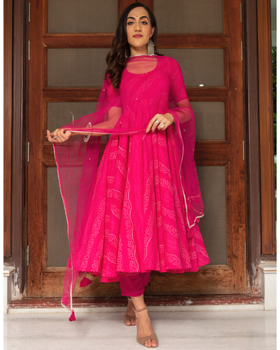 Brick Pink Patterned Anarkali Gown Set with Embroidered Bodice - Seasons  India