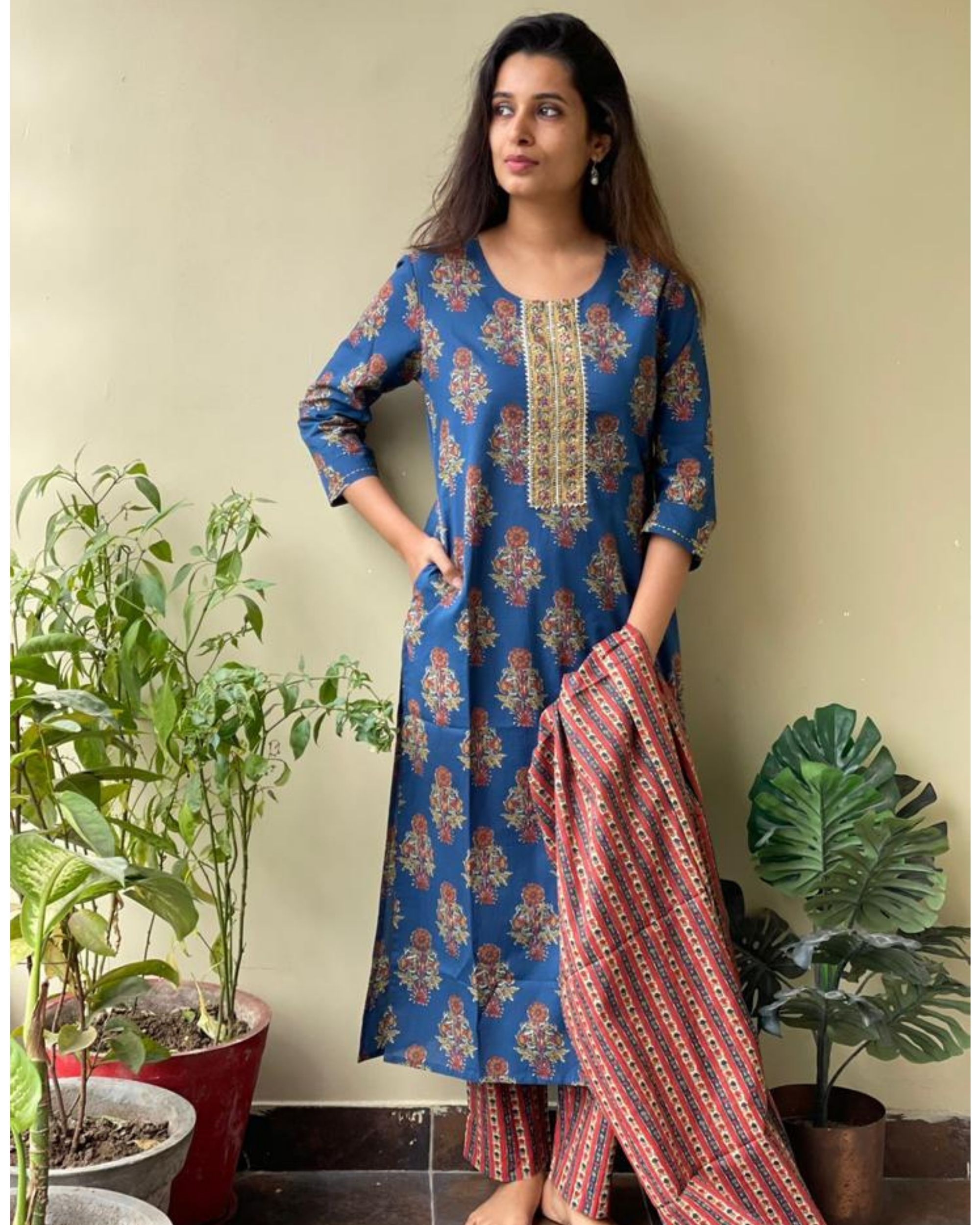 Blue floral motifs printed suit set - set of three by Kantha India ...