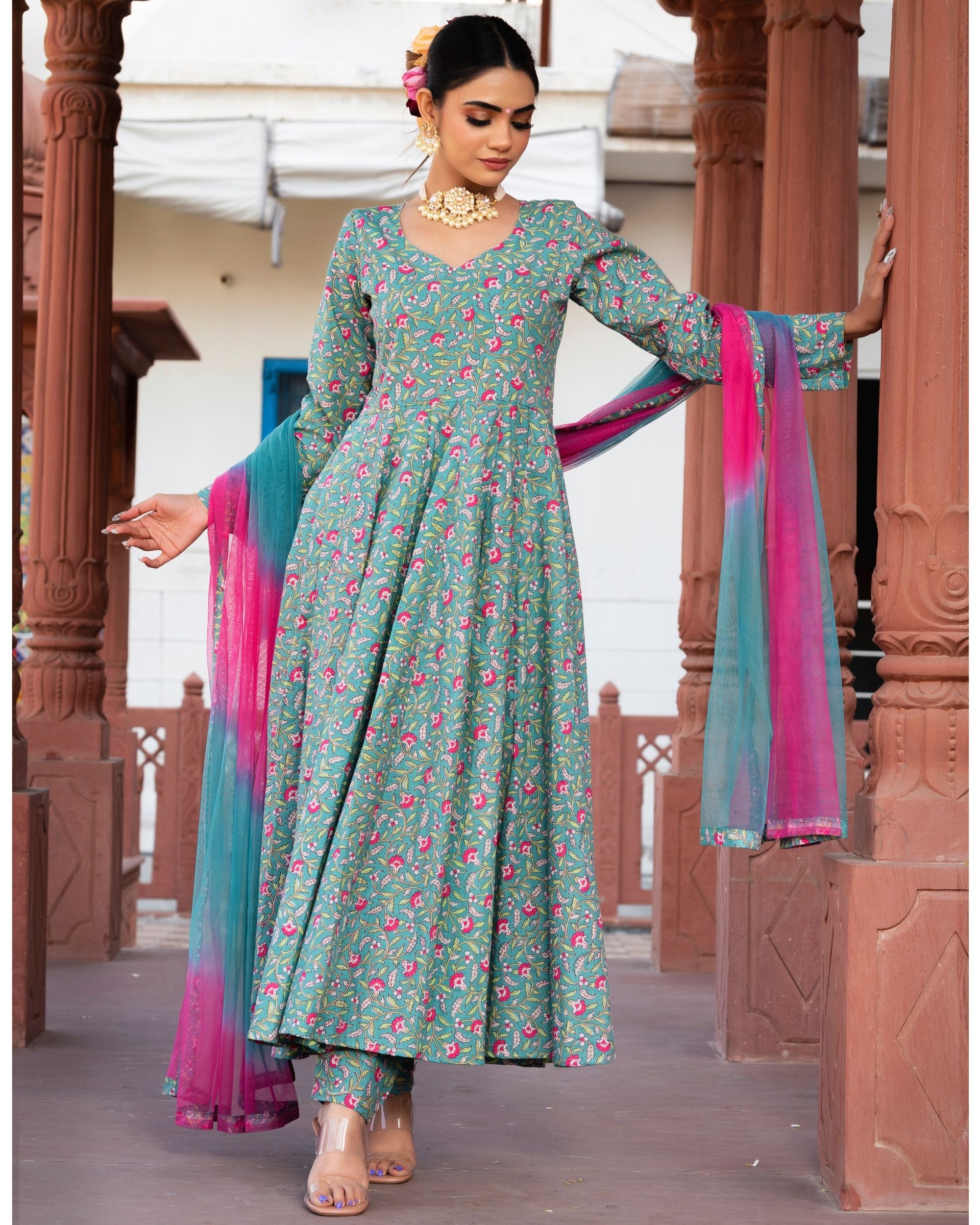 Green and pink floral printed anarkali suit set - set of three