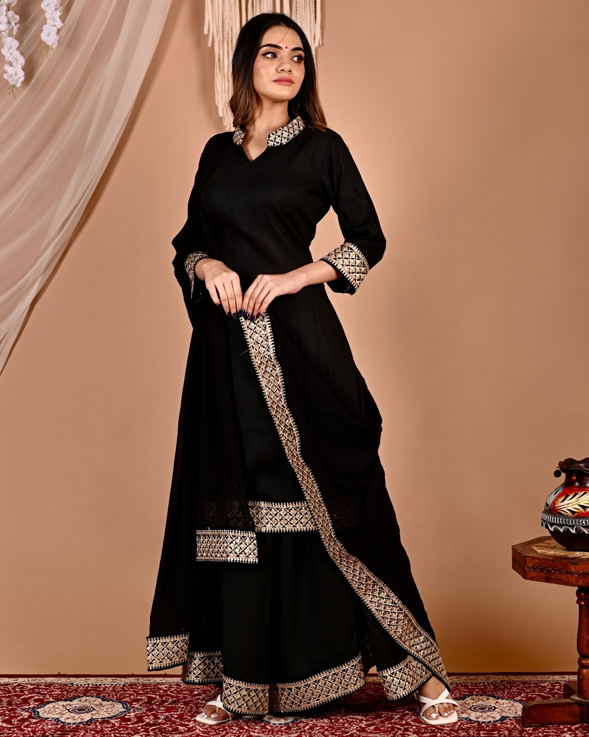 Discount Online Sharara Suit in Black Embroidered Fabric LSTV114482