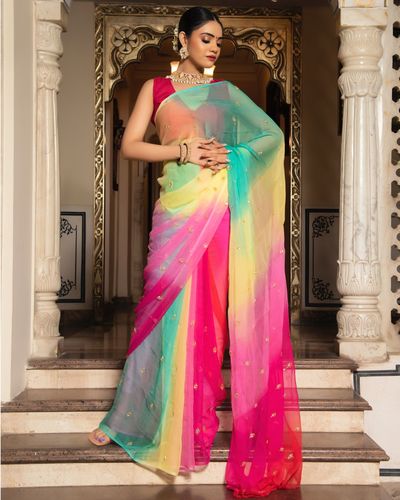 Buy Red and navy blue pure chiffon and georgette wedding wear saree in UK,  USA and Canada