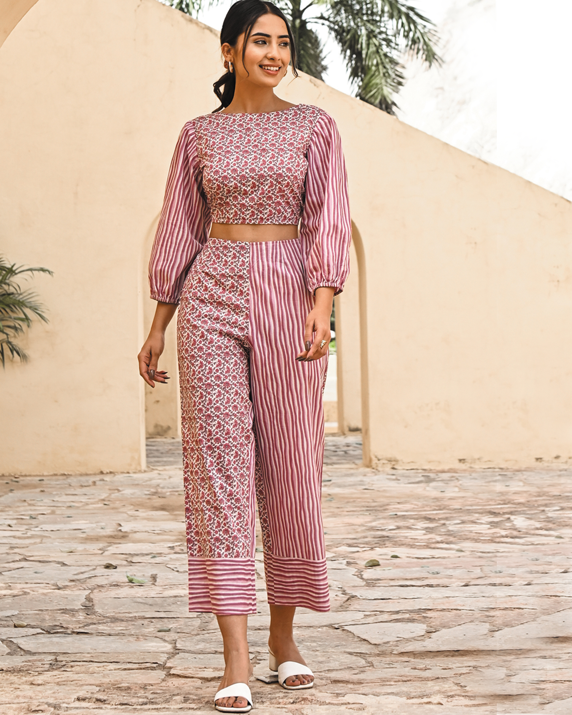 Mauve striped and printed co-ord set - set of two by Gulaal