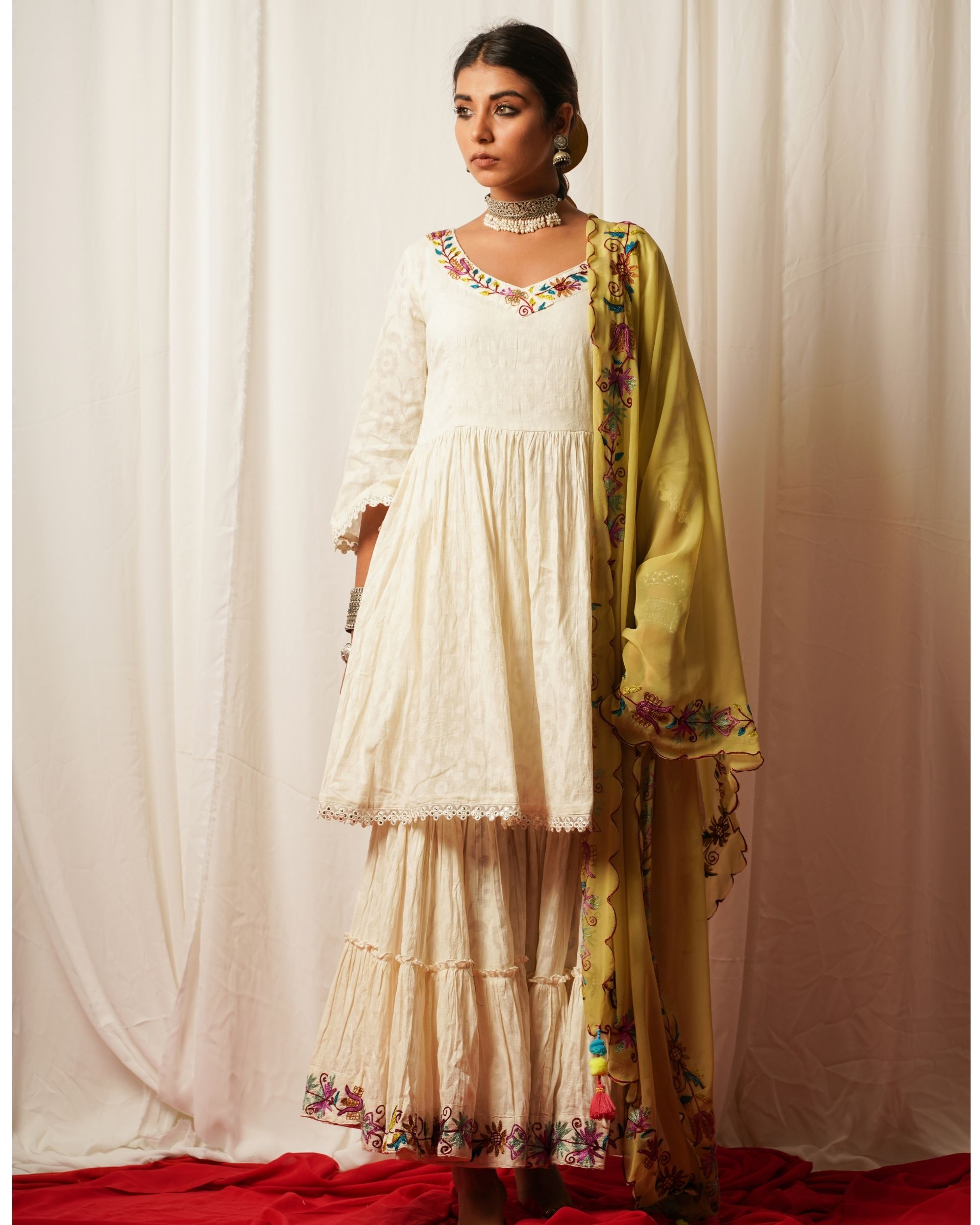 Ivory White Floral Printed Single Tiered Sharara Pant Set with Soft Peplum  Style Kurta Top - Seasons India