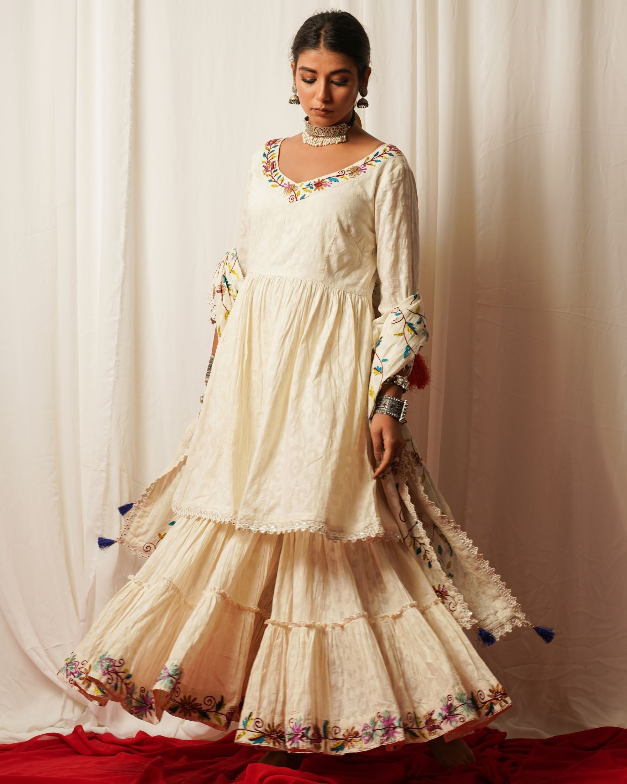 Ivory embroidered kurta with sharara - set of two