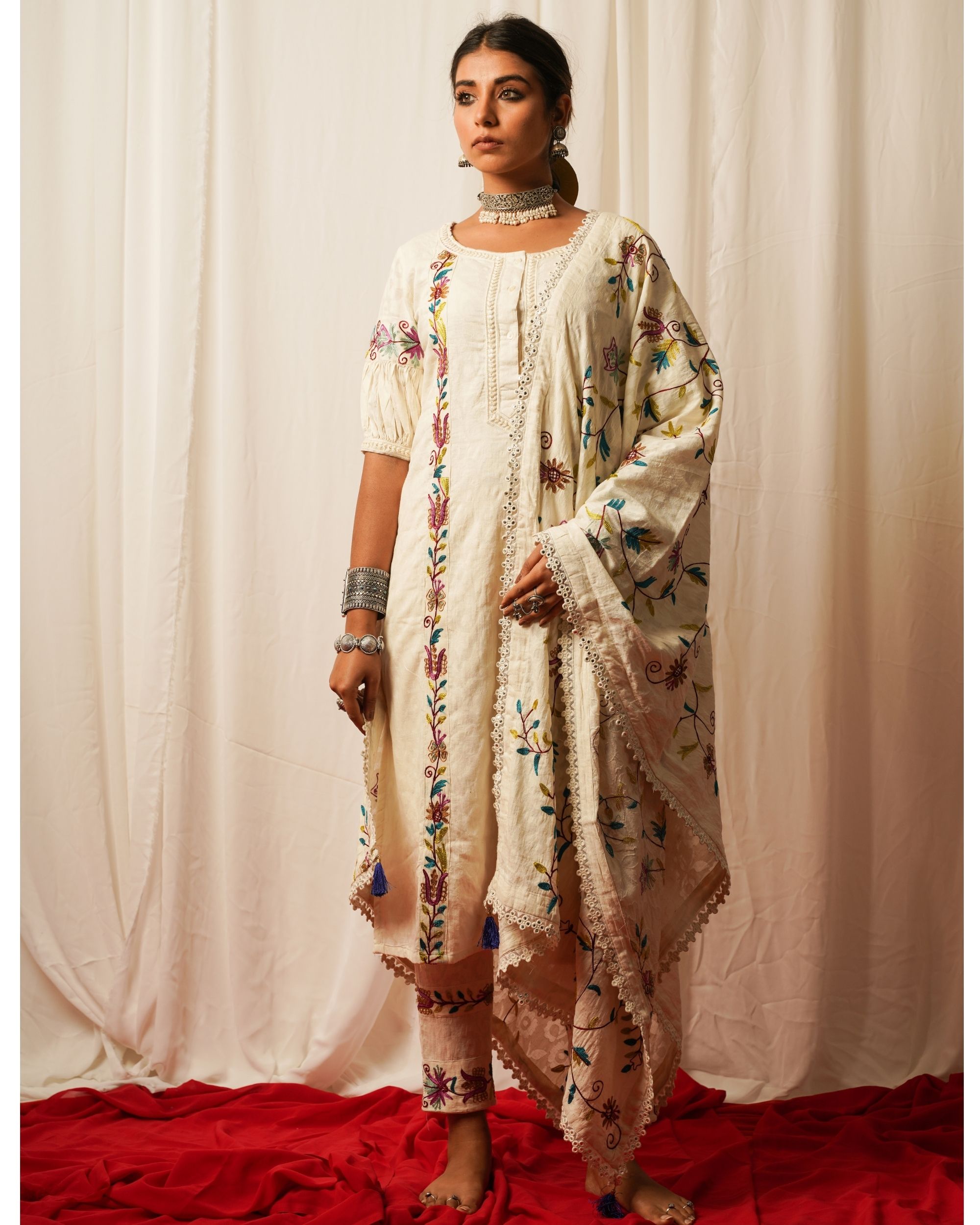 Ivory and multicolor embroidered kurta with pant - set of two