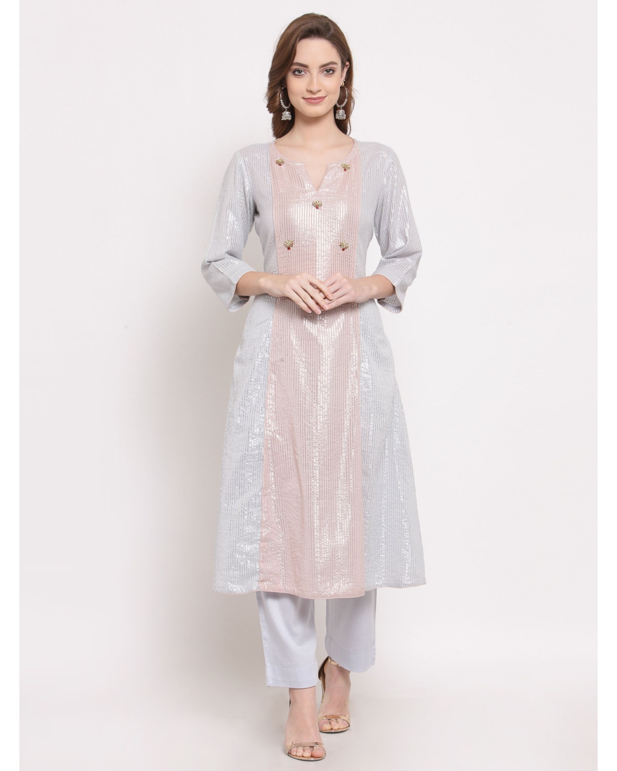Light blue and pink striped embroidered kurta with pant - set of two
