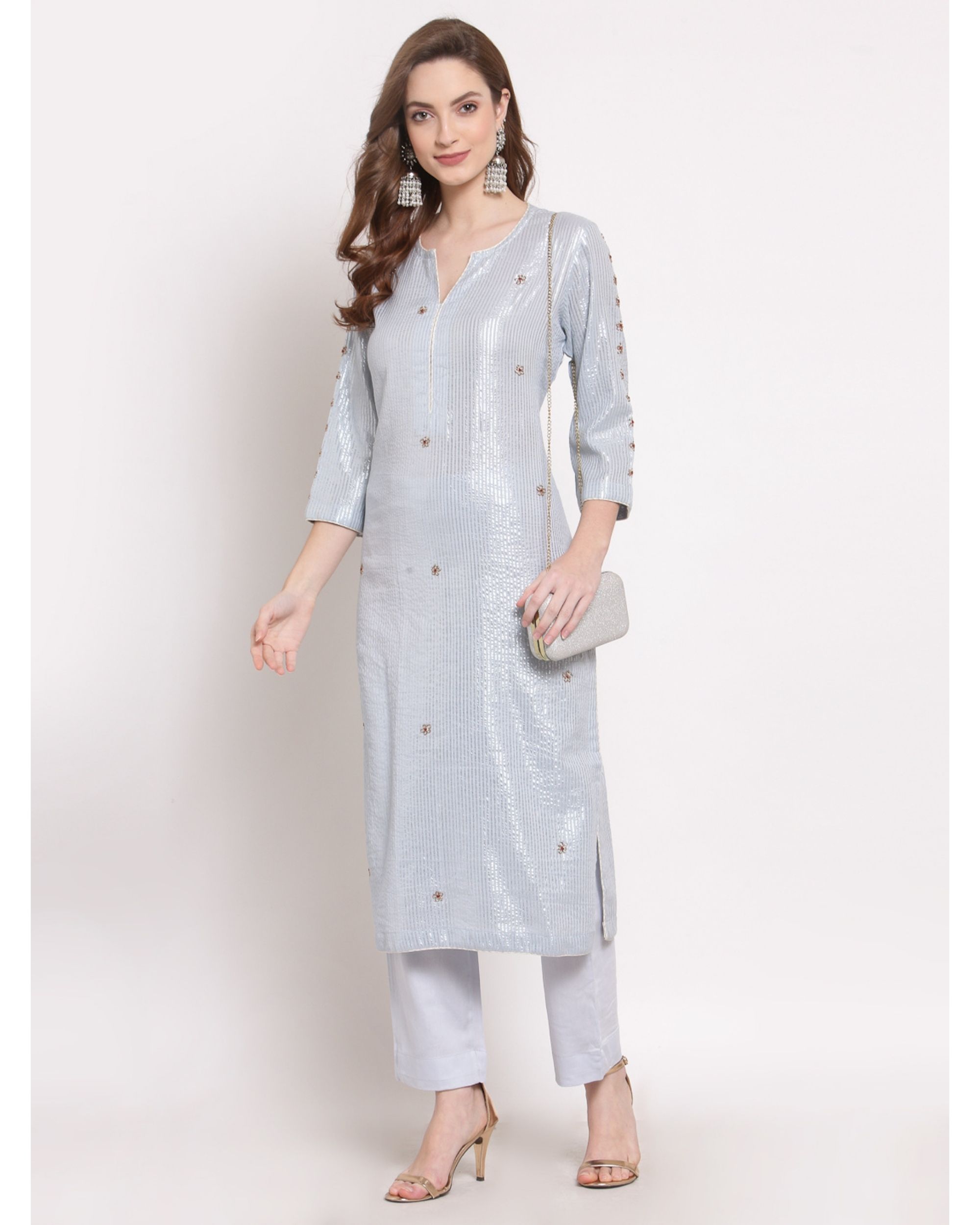 Light blue striped embroidered kurta with pant - set of two