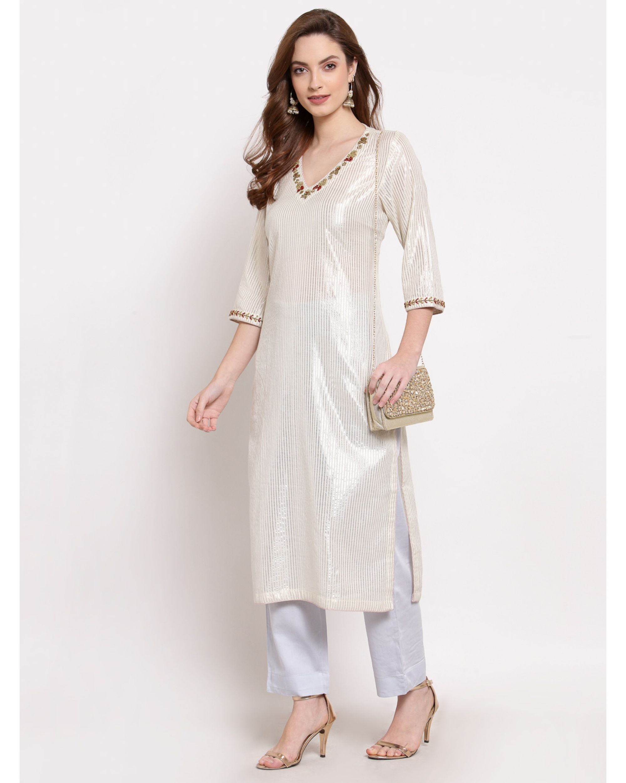 White striped embroidered kurta with pant - set of two