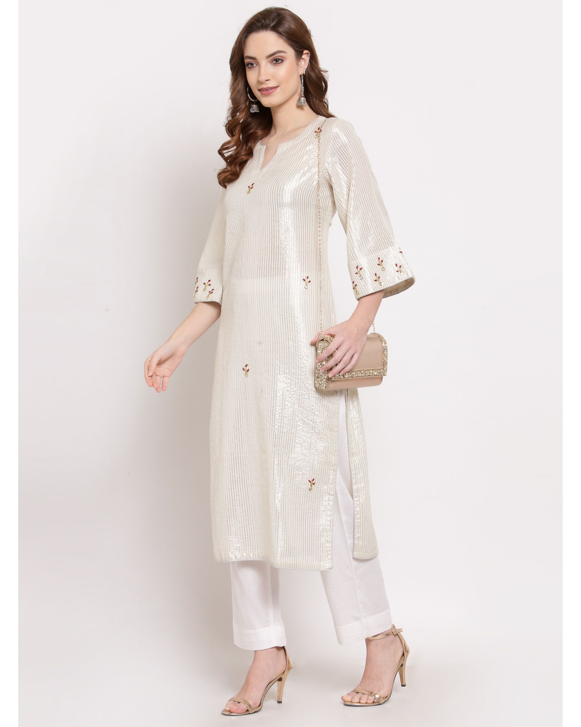 Off-white striped embroidered kurta with pant - set of two