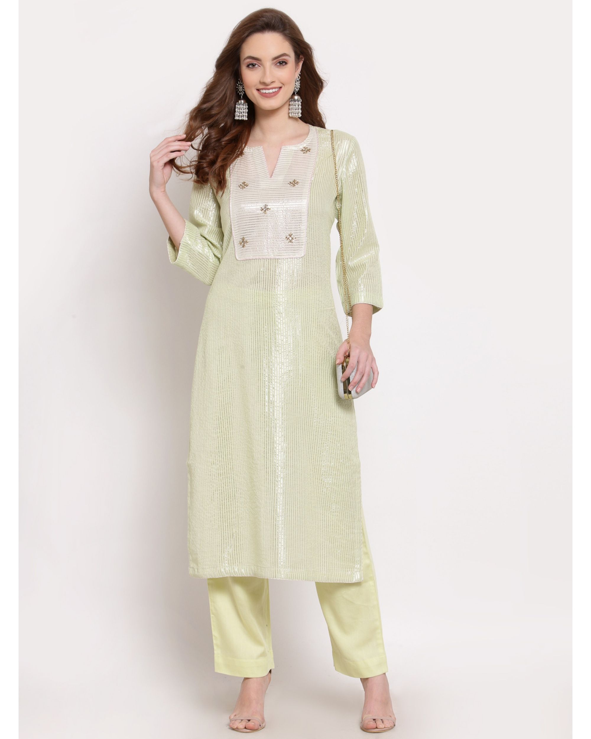 Green and white striped embroidered kurta
