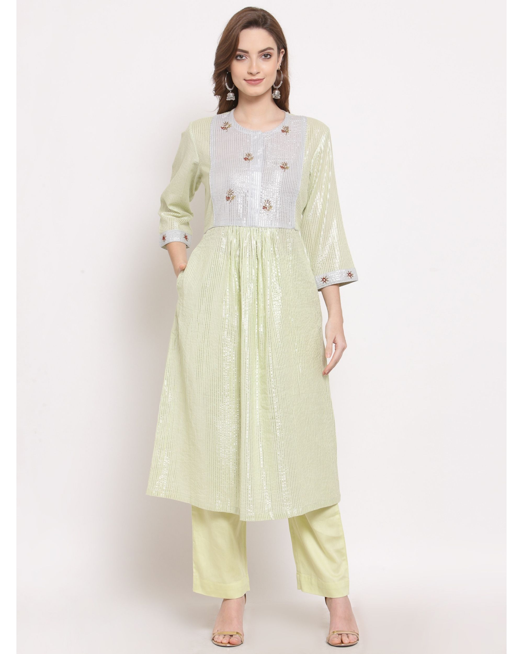 Green and white striped embroidered gathered kurta with pant - set of two