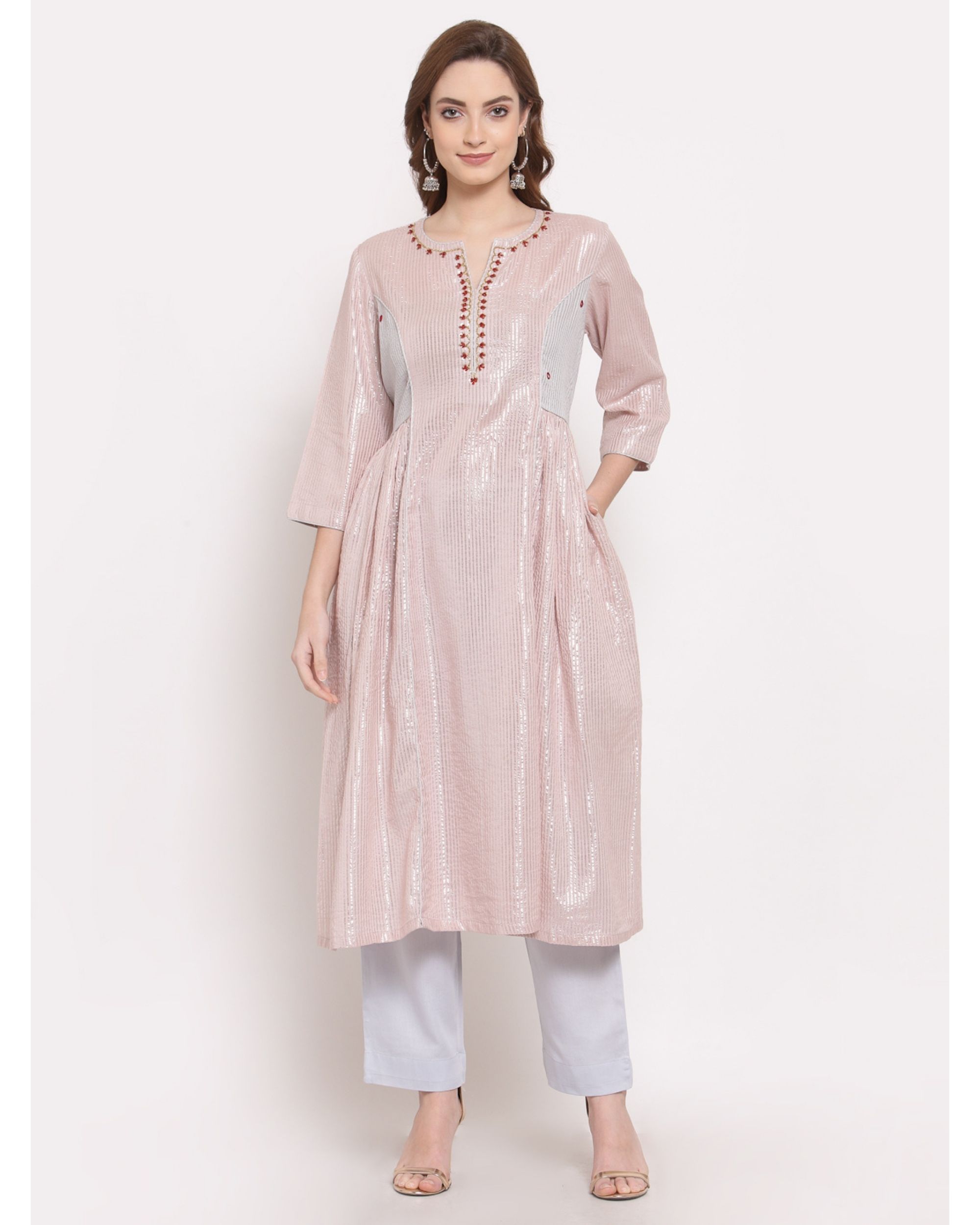 Pink and blue striped embroidered gathered kurta with pant - set of two