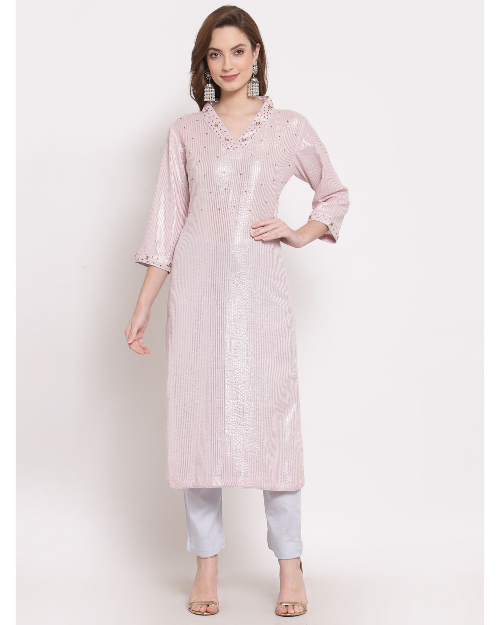 Pink striped embroidered kurta with pant - set of two