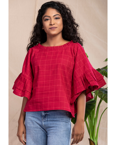 Deep red frilled checks top by Sugandh | The Secret Label