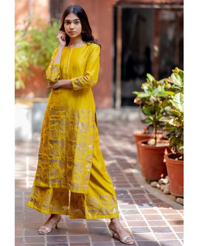 Mustard yellow tropical printed kurta with palazzo - set of two by ...