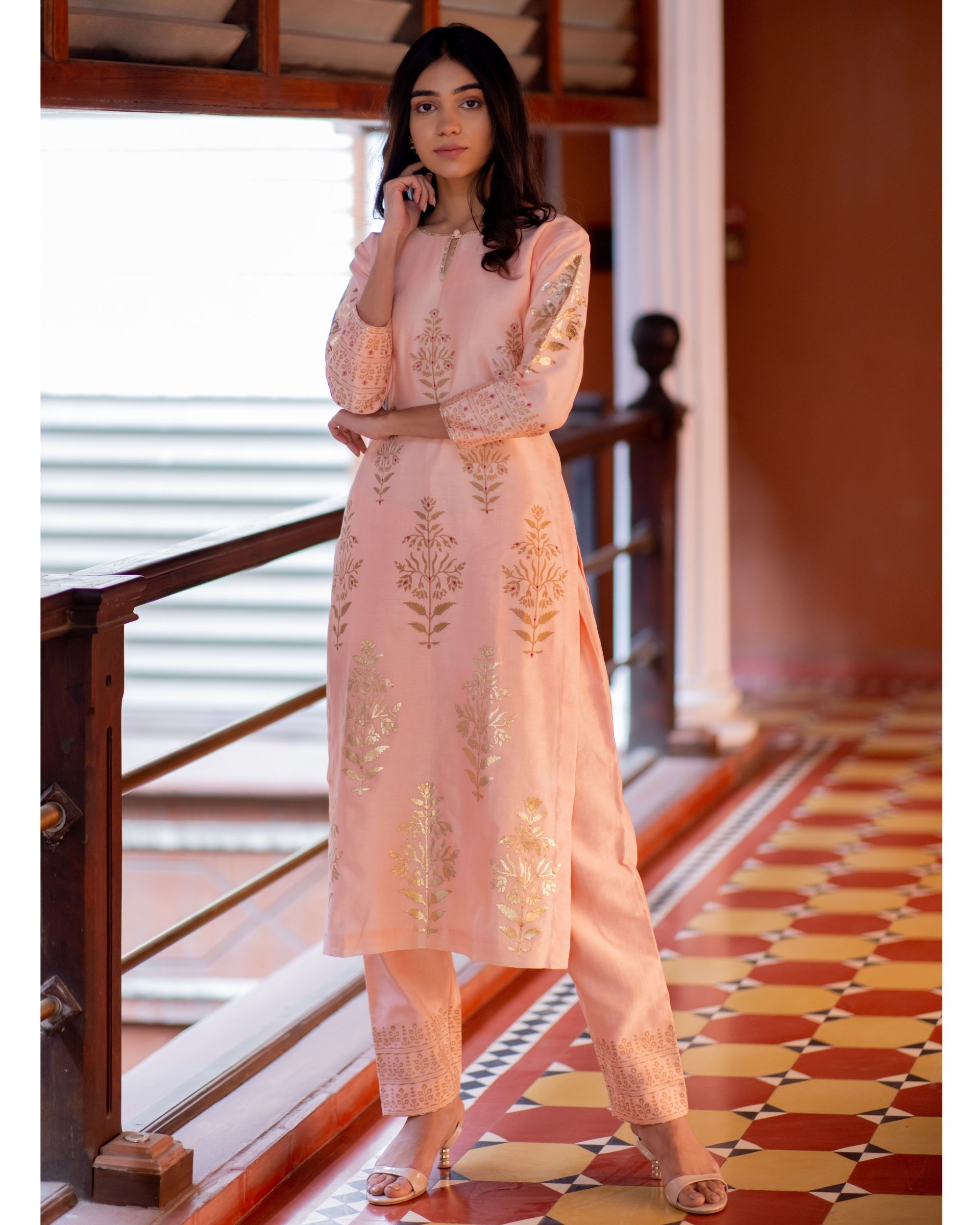 Pink foil printed kurta with pant - set of two