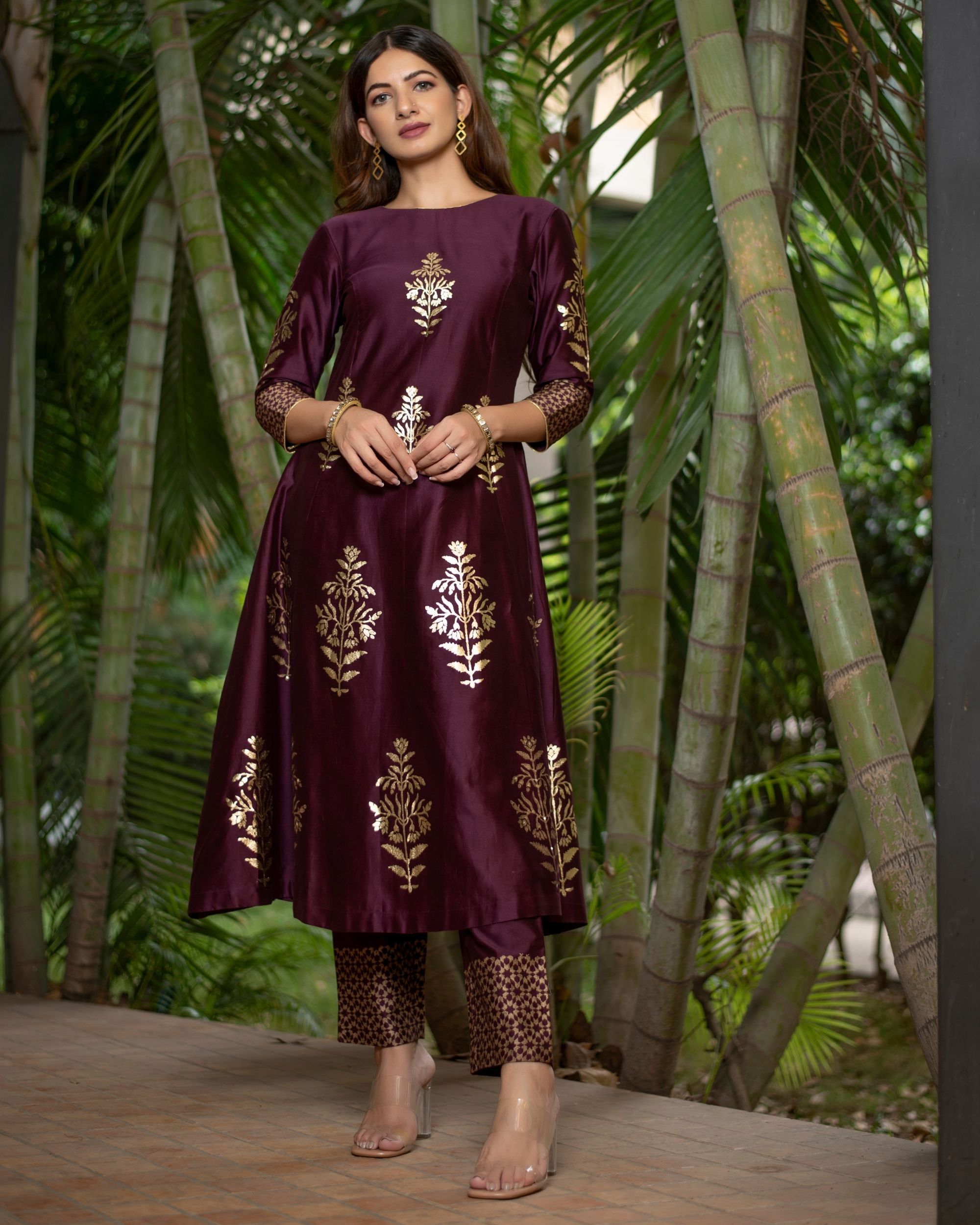Wine foil printed flared kurta with pant - set of two