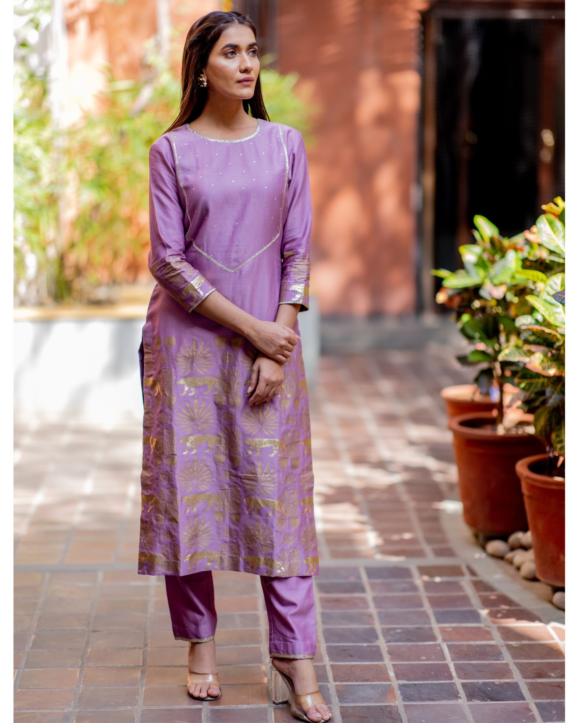 Lilac tropical printed kurta with pant - set of two
