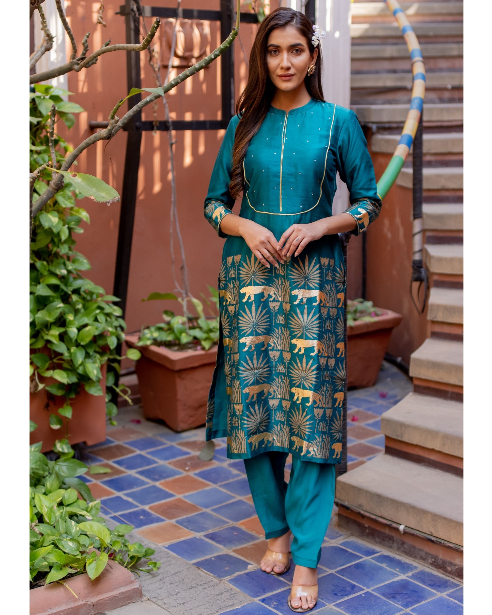 Turquoise tropical printed kurta with pant - set of two