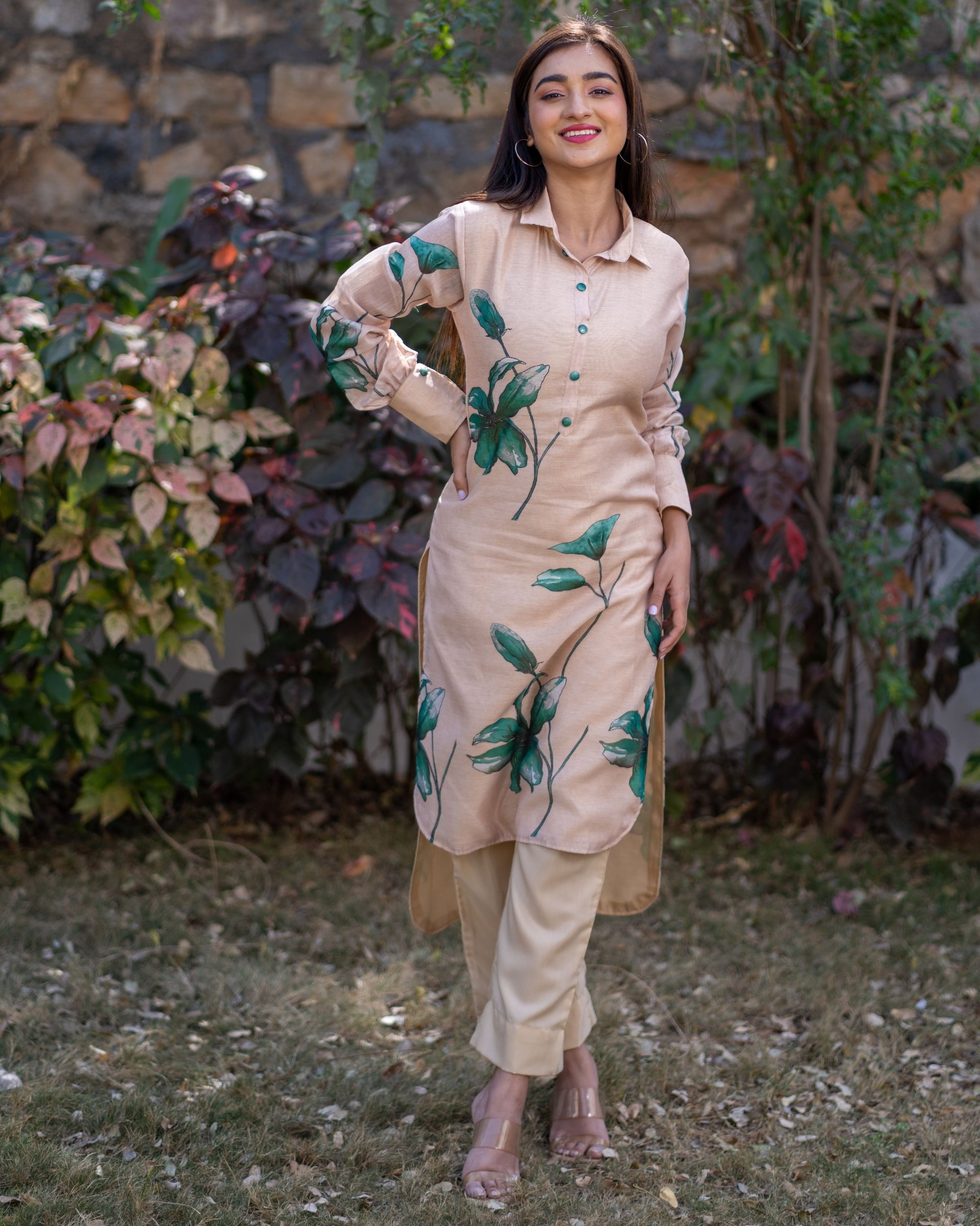 Beige and green floral hand painted kurta with pant - set of two