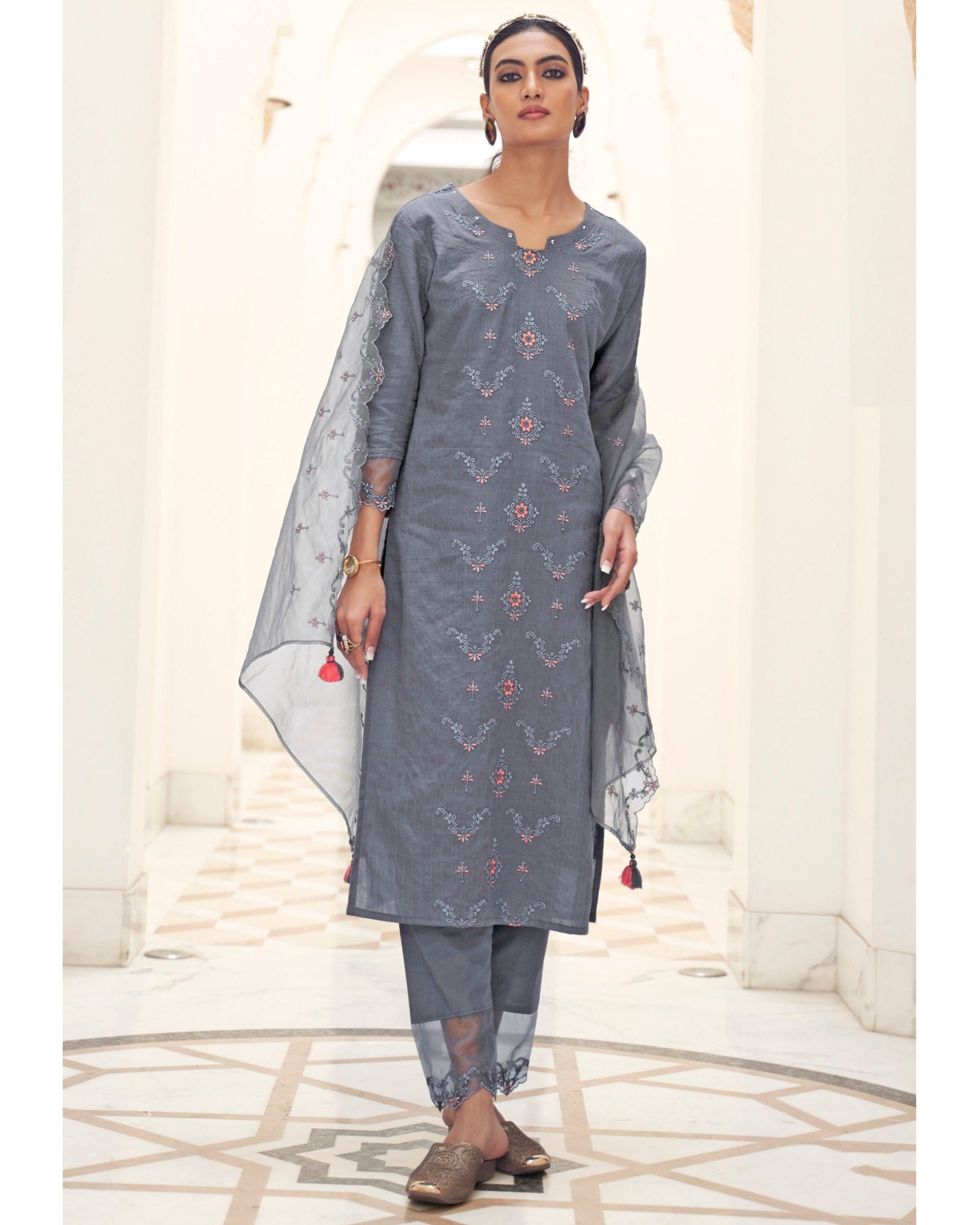 Royal blue embroidered kurta with pants and ruffled dupatta - set