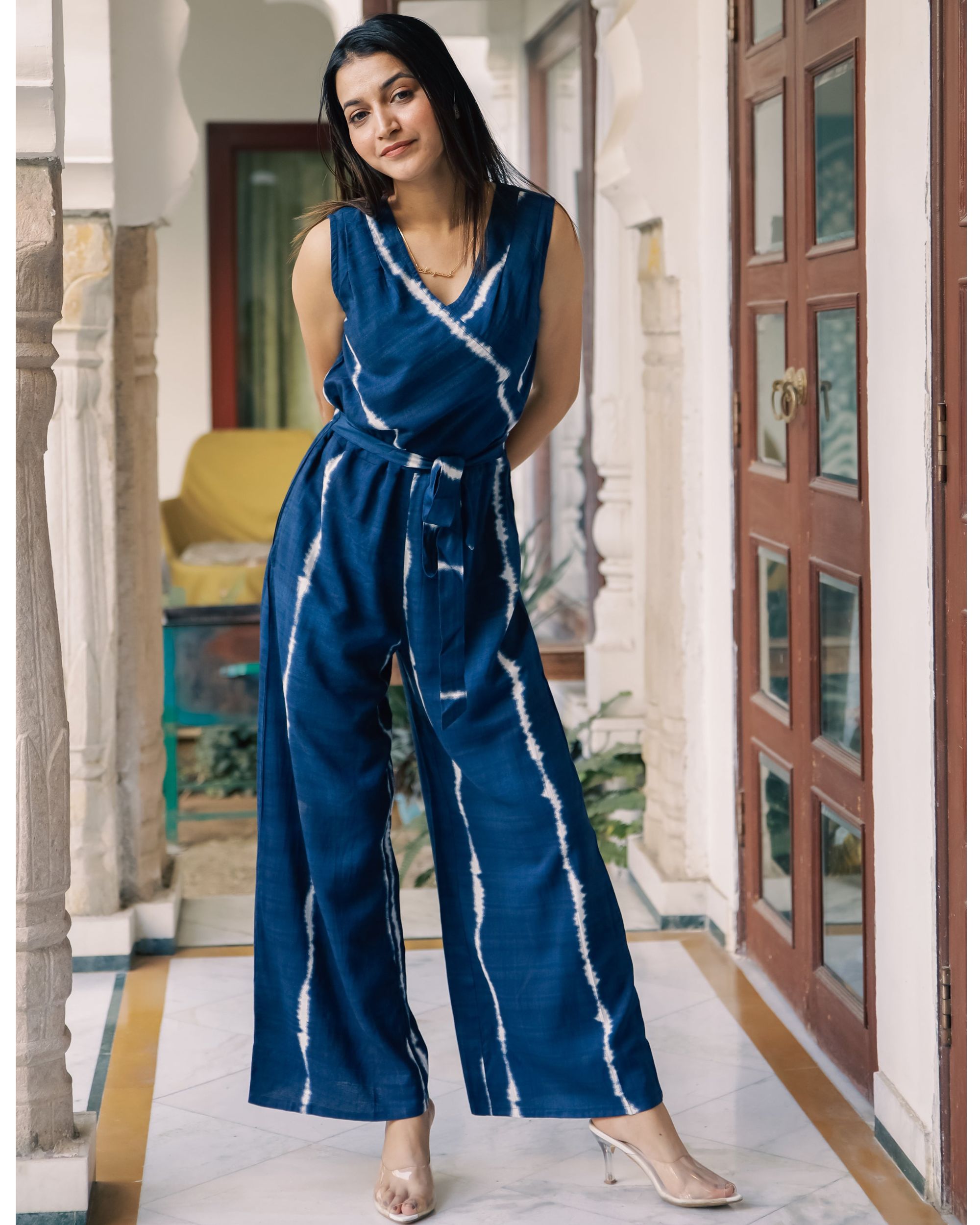 Blue and white shibori jumpsuit