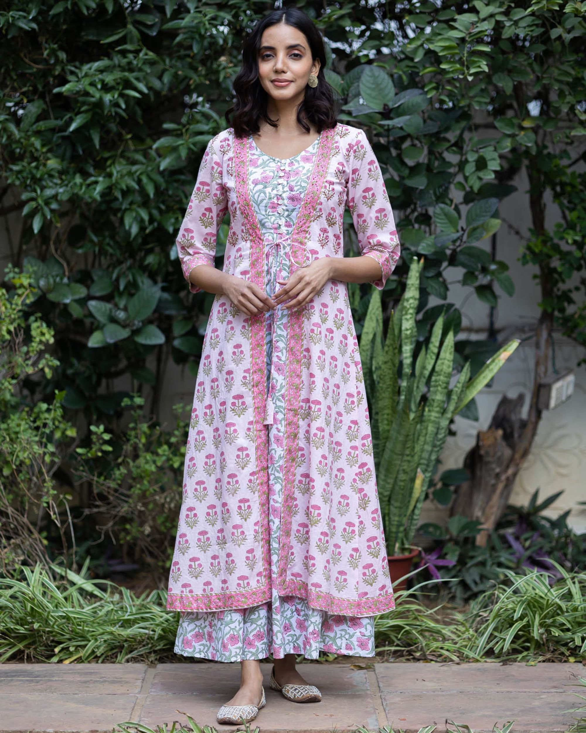 White and pink floral printed dress with jacket - set of two by Prints ...