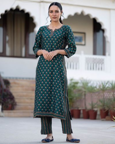 Green buti printed straight kurta with pant - set of two by Prints ...