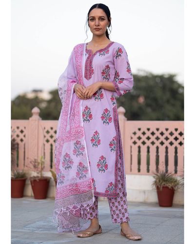 Lavender mughal buta printed suit set - set of three by Prints Valley ...