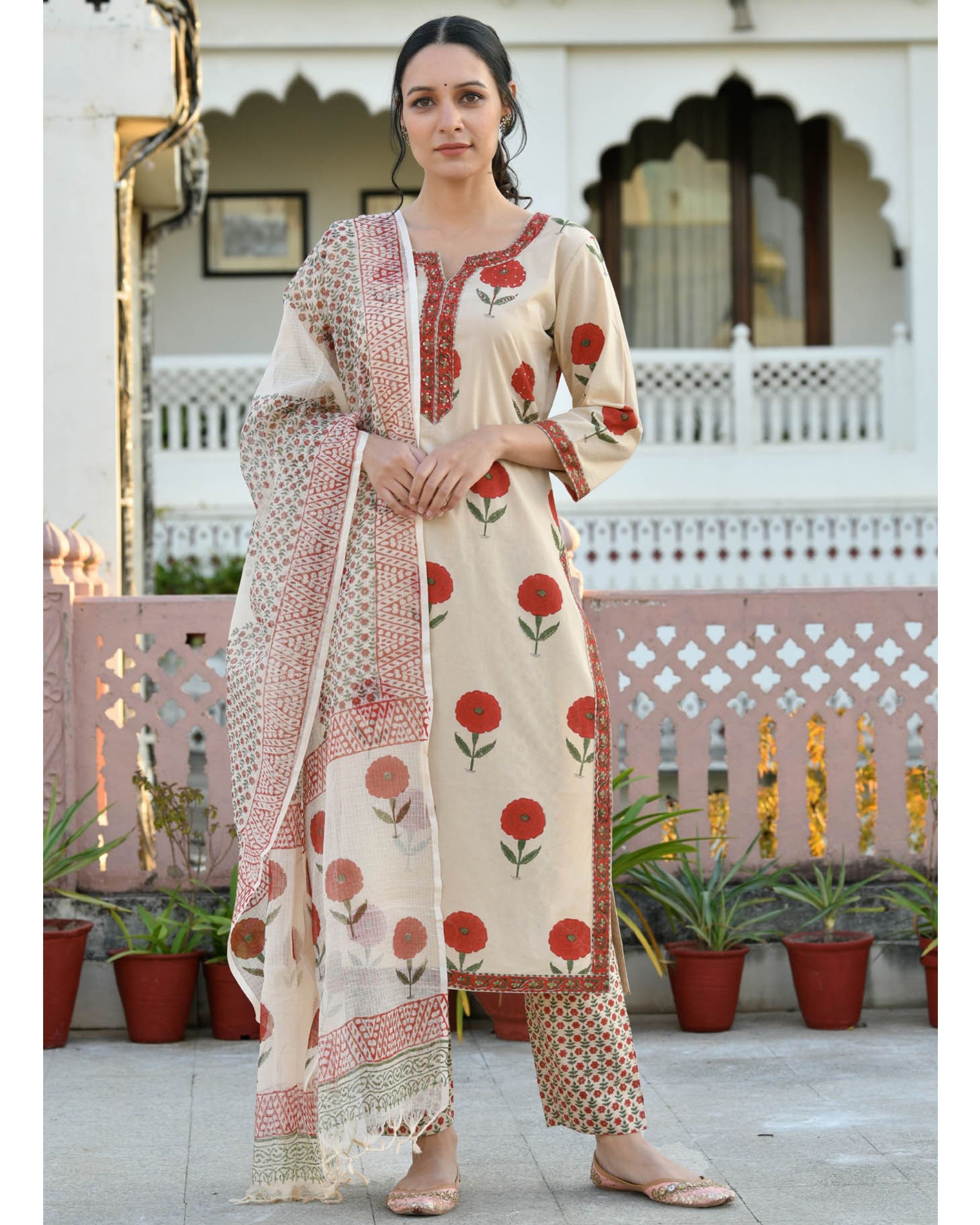 Beige and red mughal buta printed suit set - set of three by Prints ...