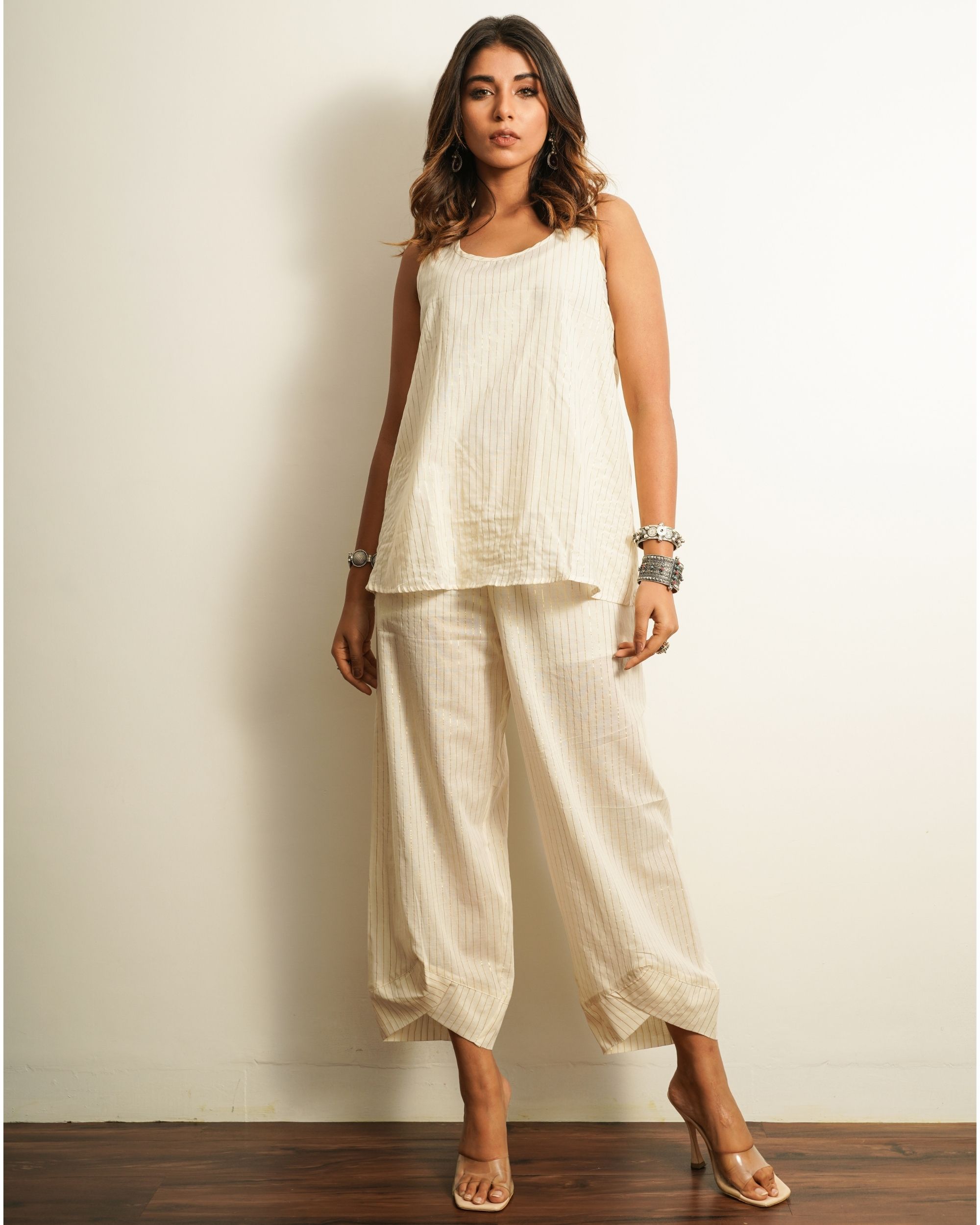 White strips ankle length cotton pant