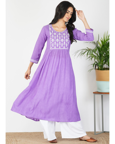 Lavender embroidered kurta-palazzo set - set of two by Half Full Half ...