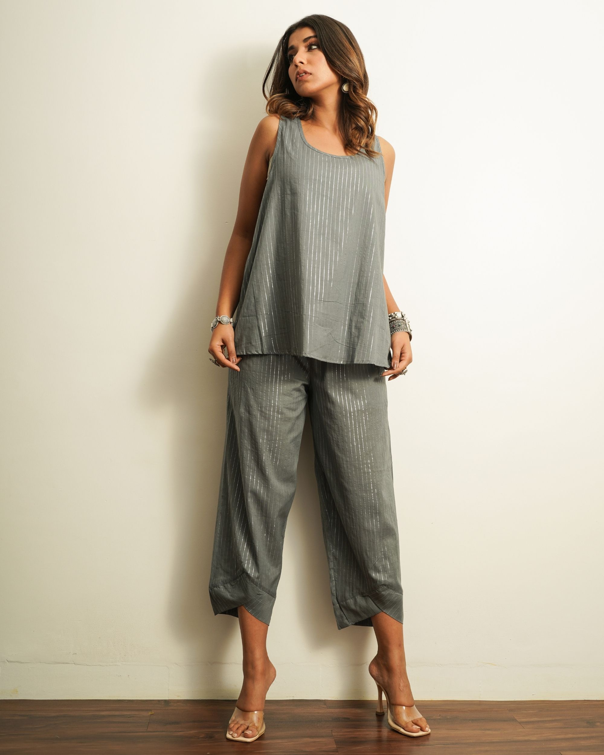 Grey strips sleeveless top with pant - set of two