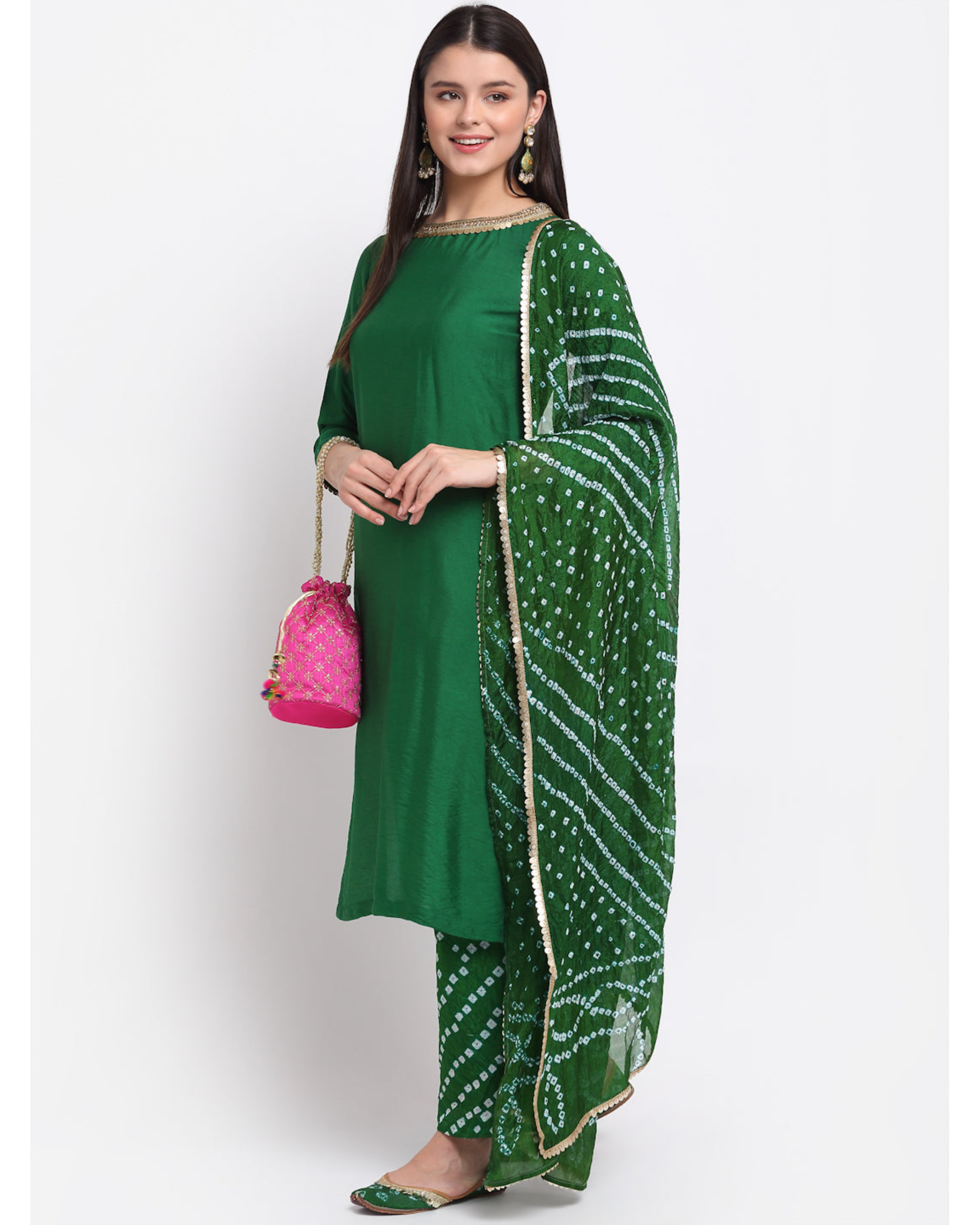 Green straight kurta with bandhani palazzo and dupatta - set of three ...